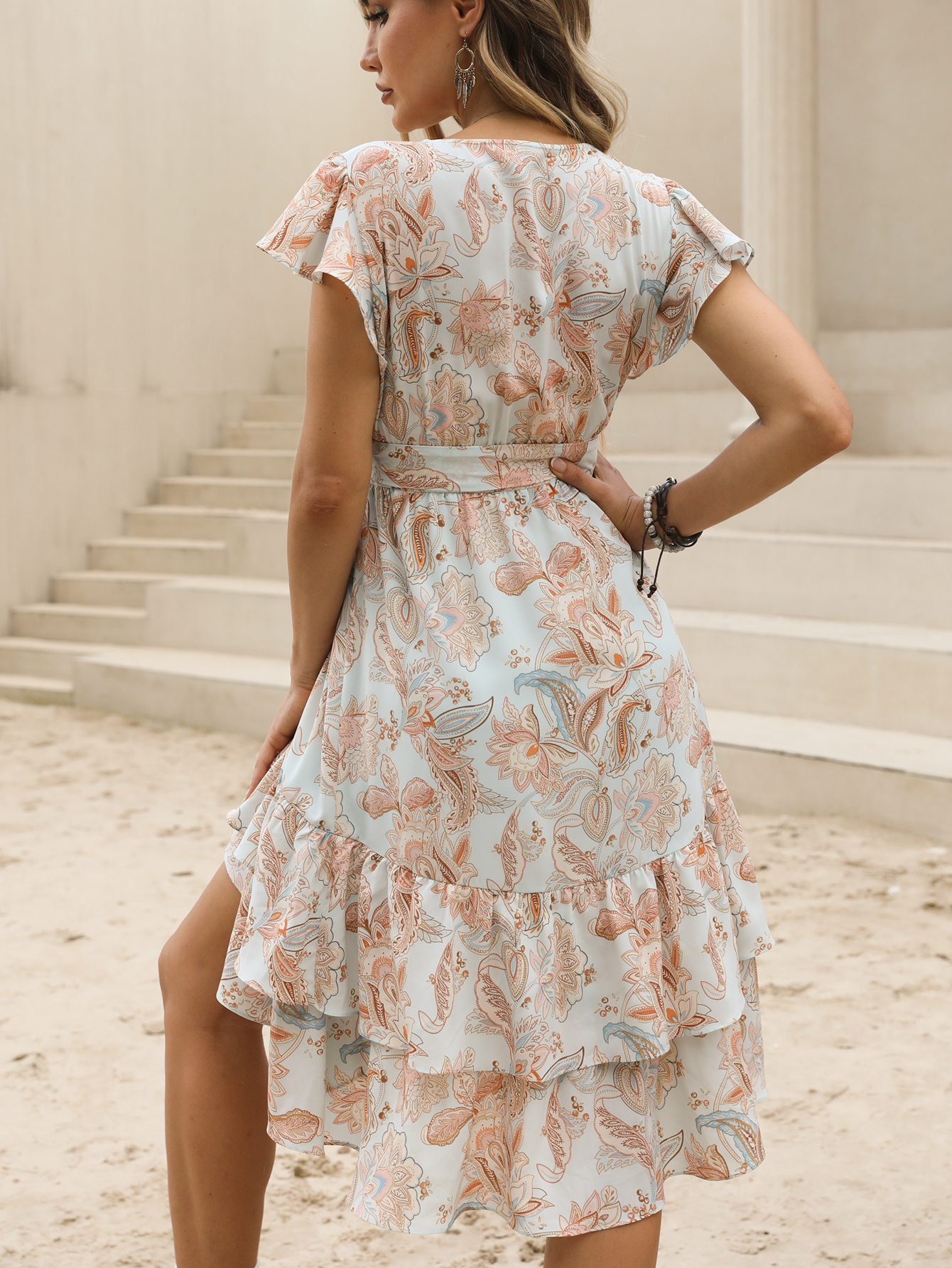 Women’s Floral Paisley Ruffle Tiered Tie Waist Maxi Dress W-32723