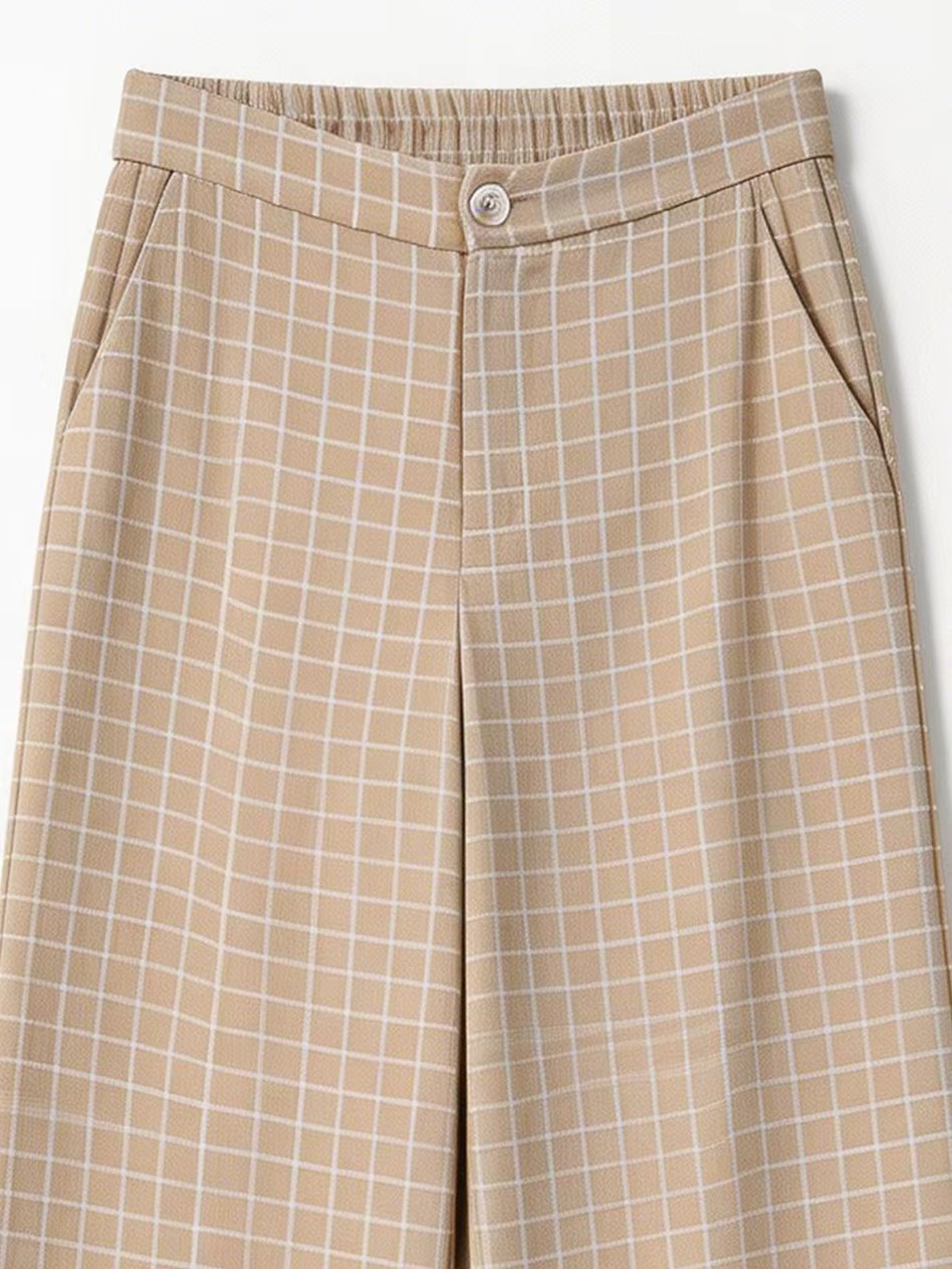 Minimalist Blue Grid Print High-Waisted Trousers AN-710016