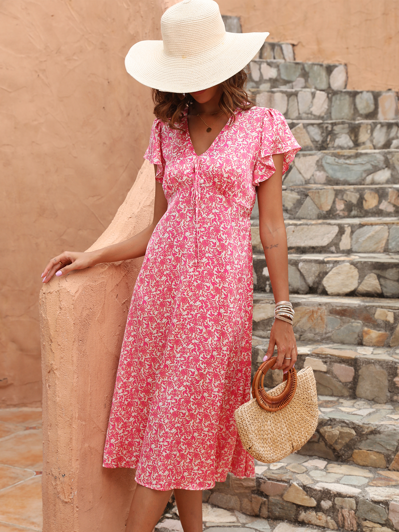 Women’s Floral V-Neck Flutter Sleeve Midi Dress D-35750