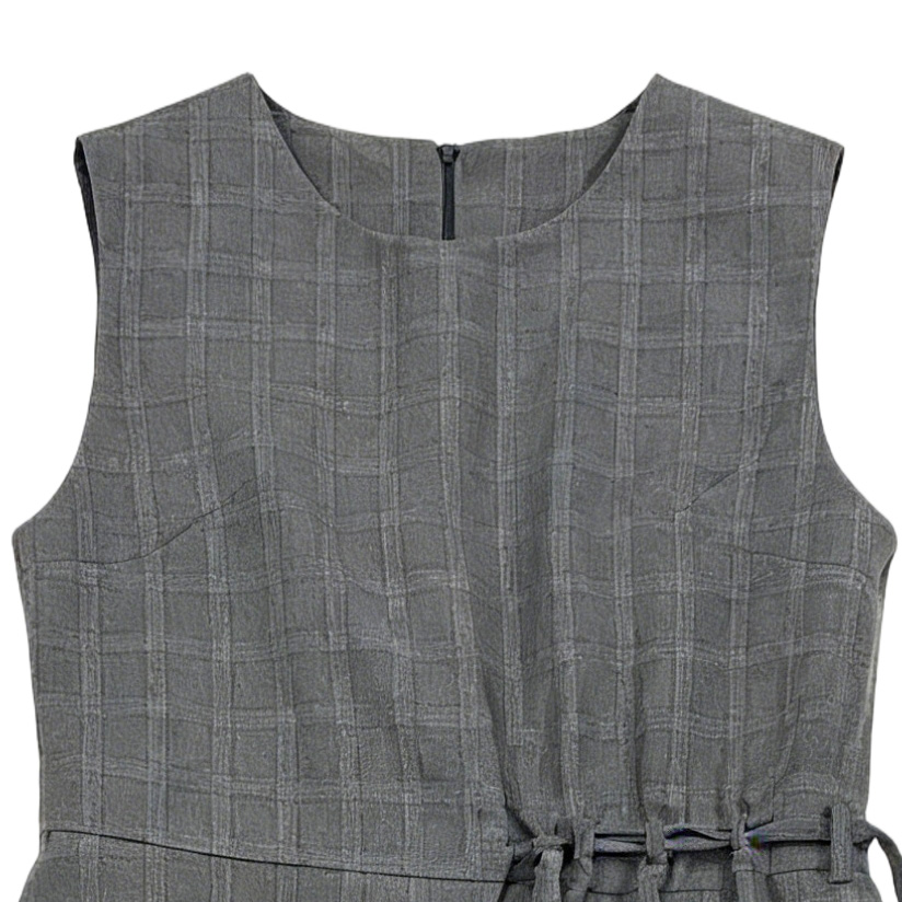 Minimalist Grey Plaid Sleeveless Dress - High Waist A-Line Casual  27939