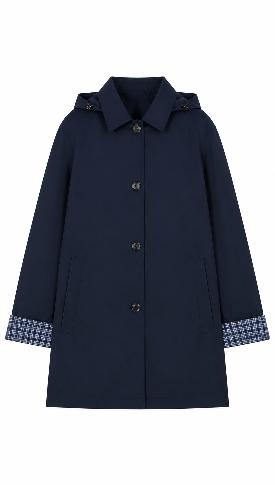 Elegant Navy Single-Breasted Coat with Plaid Accent WC-001
