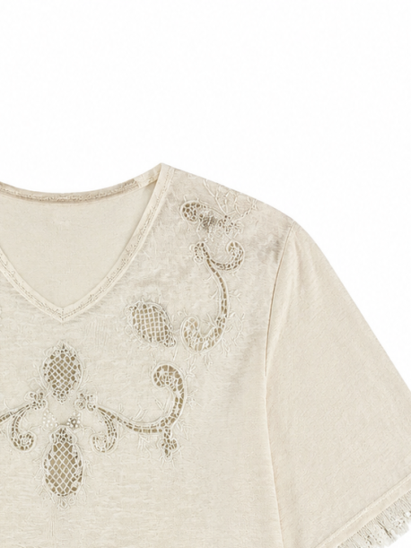Women Beige Linen‑Blend V‑Neck Short Sleeve Top W-43018