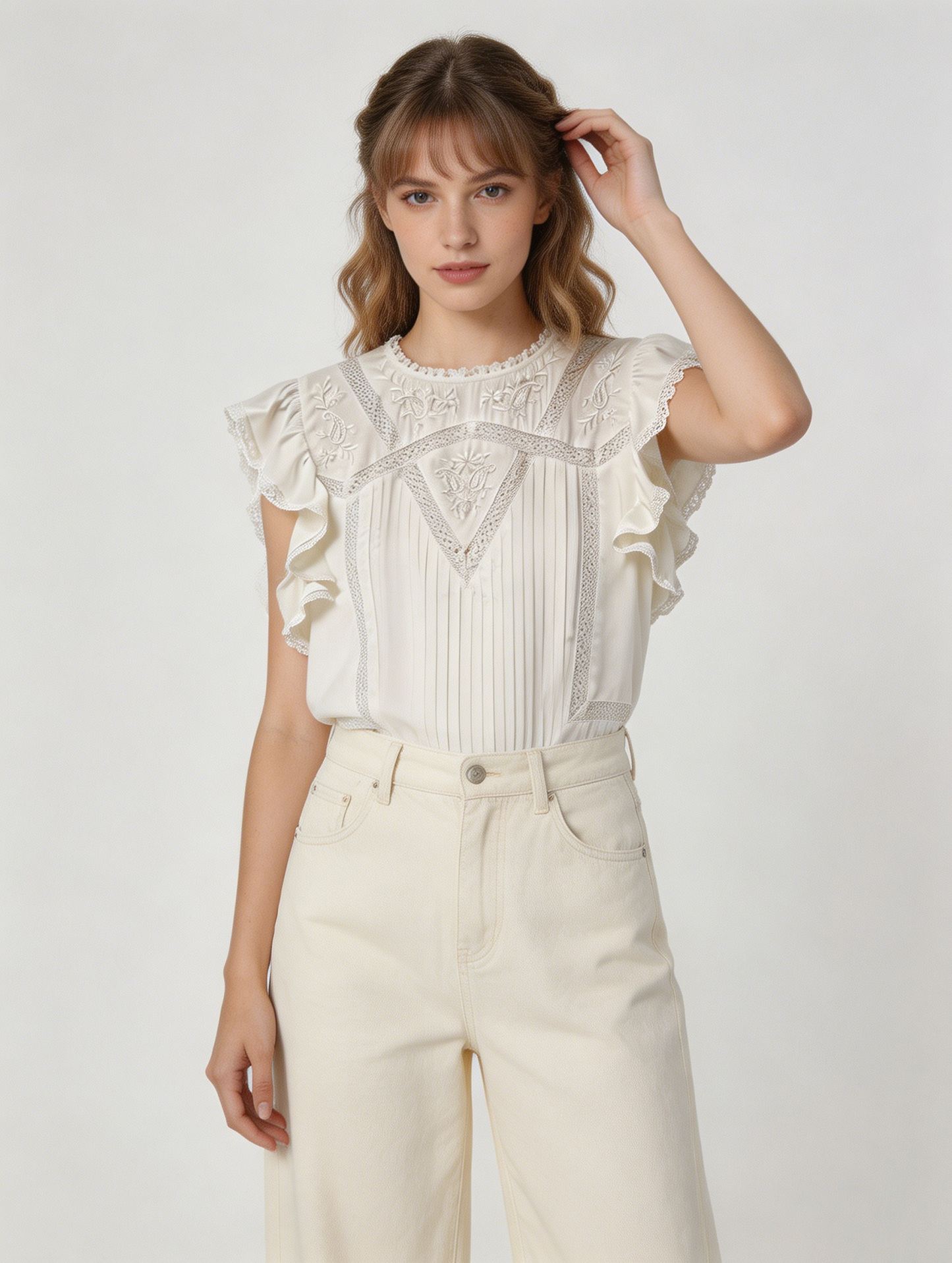Lace Panel Pleated Ruffle Blouse - Premium Boho Chic Top D-41997