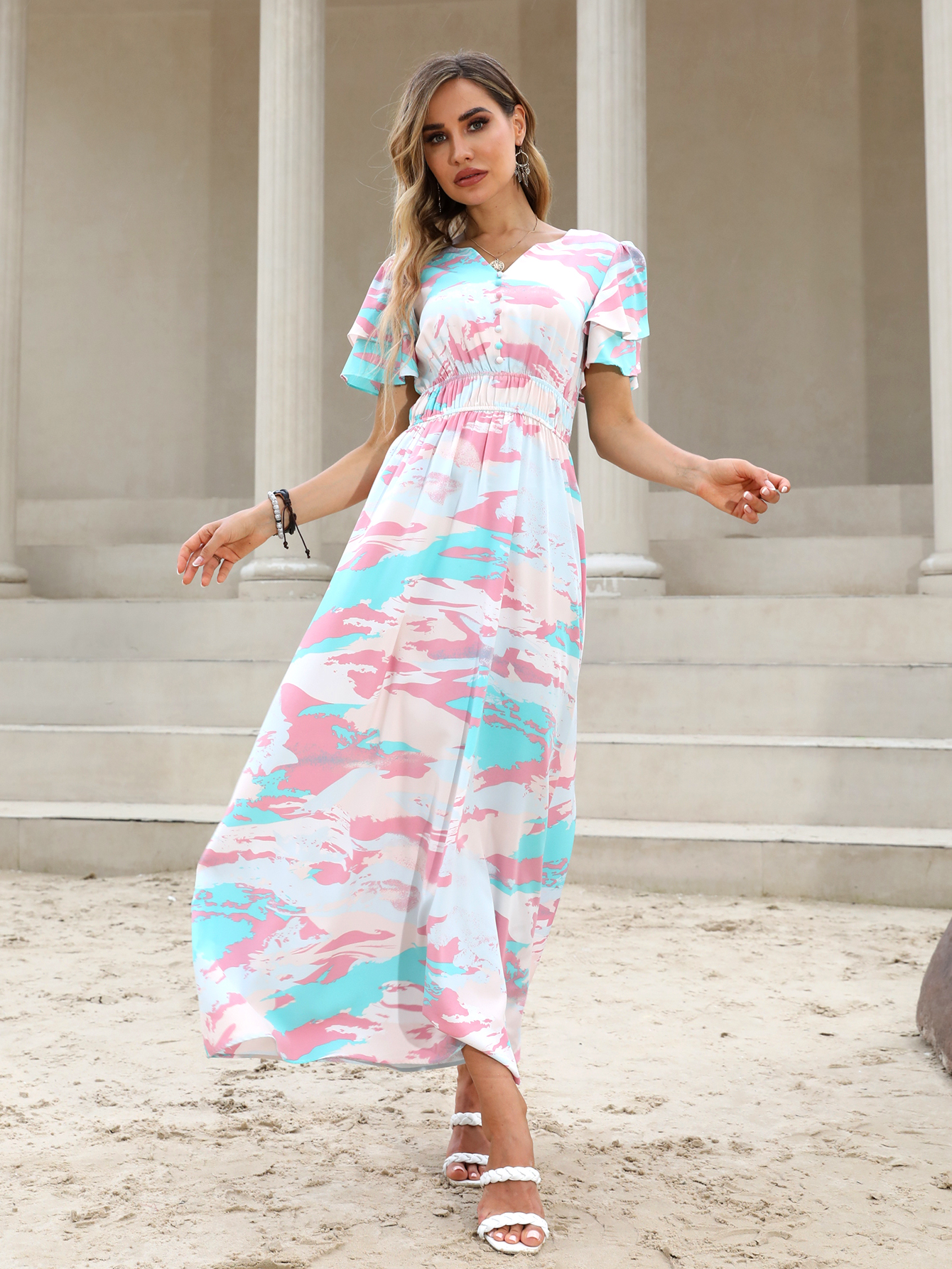 Women’s Abstract Print Maxi Dress with V-Neck & Smocked Waist – Summer Vacation Wear D-32791