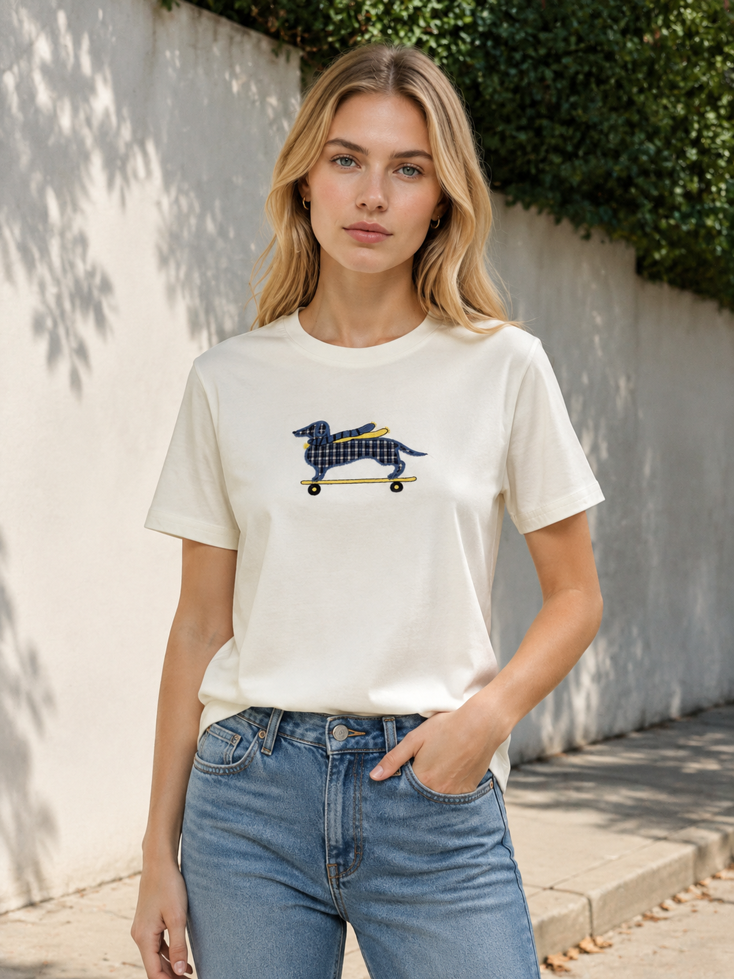 Women's White Colorful Dog Graphic T-Shirt 867