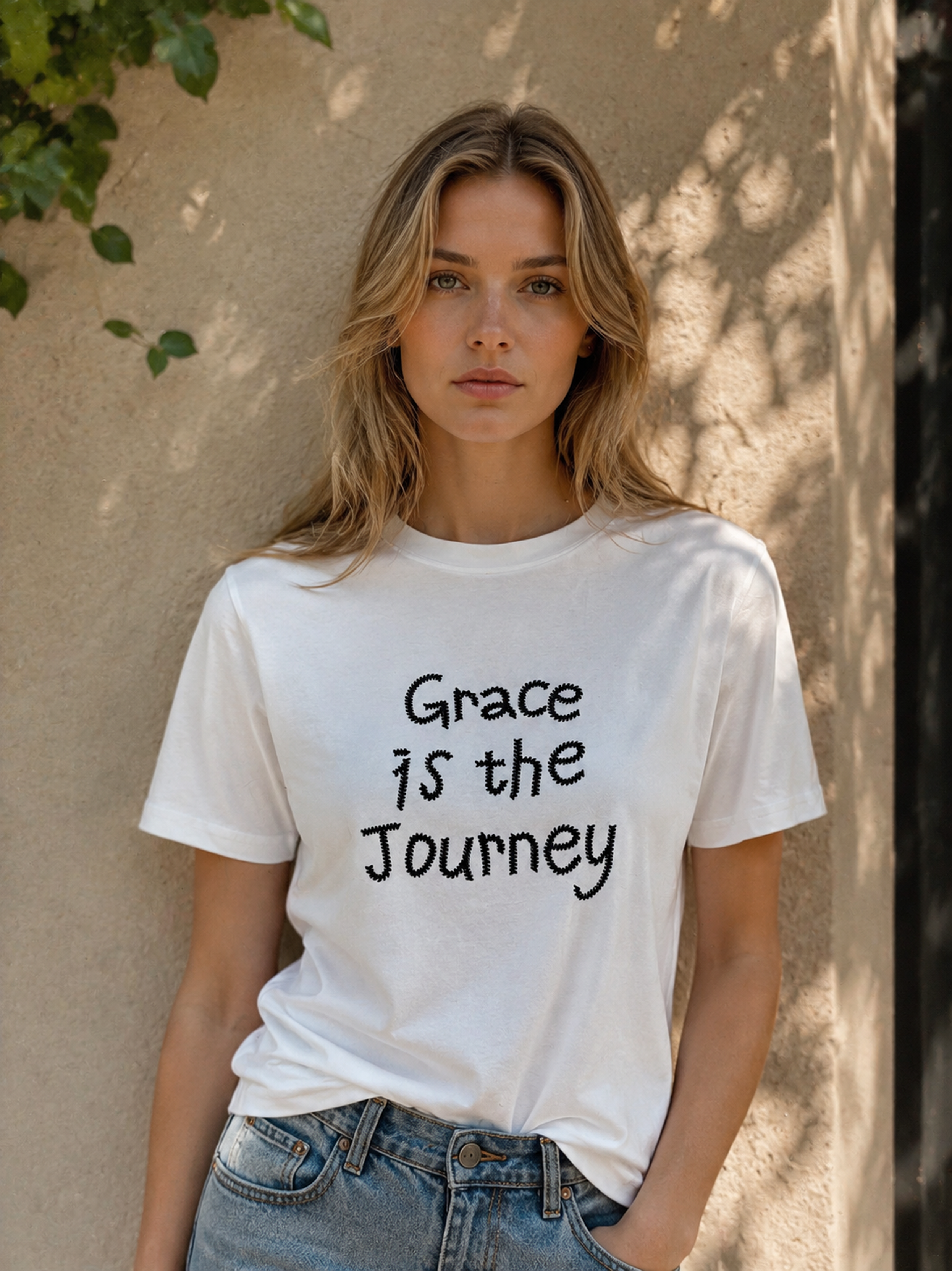 Women's White Grace Is the Journey Slogan T-Shirt 868