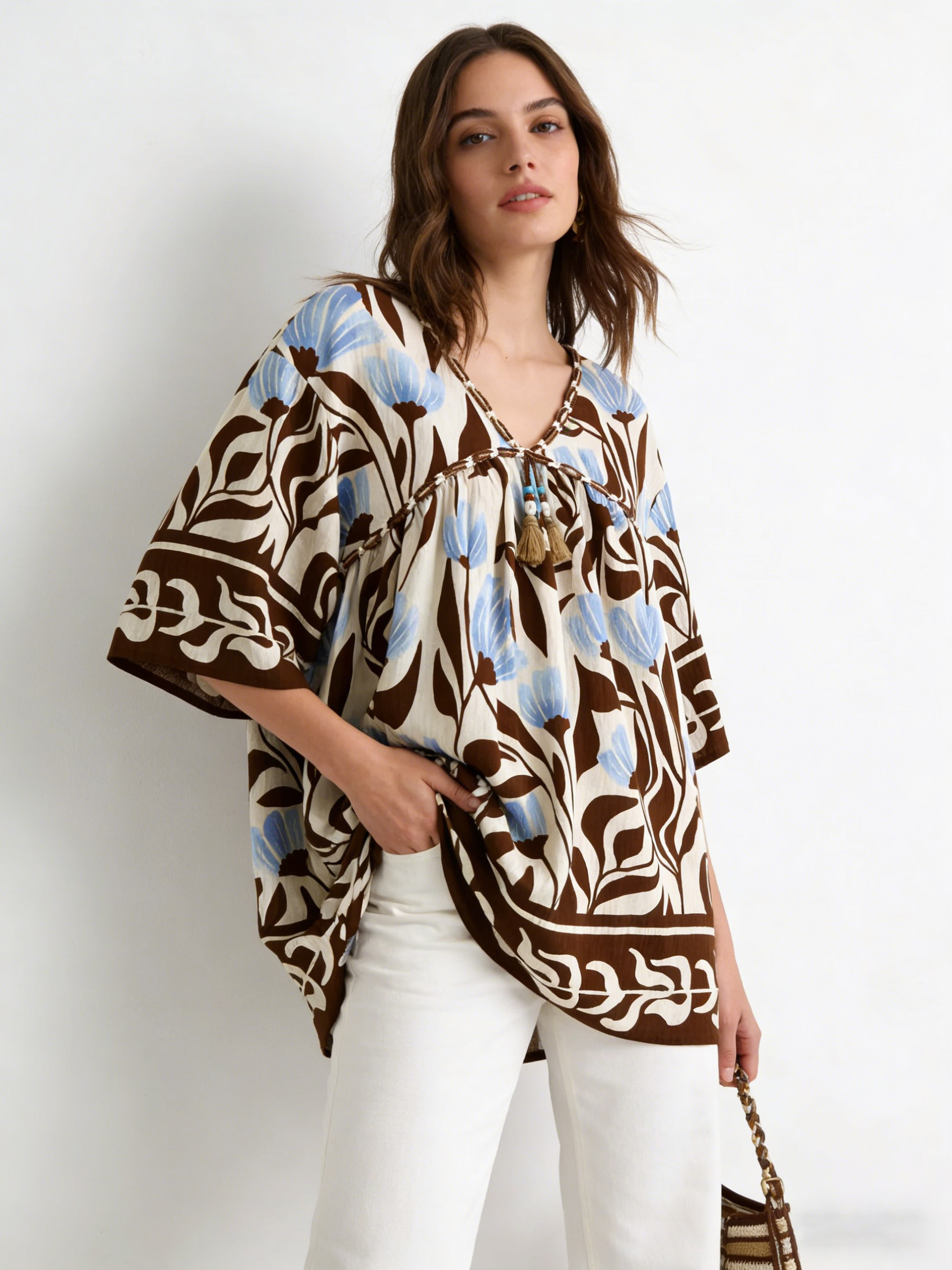 Women Boho Floral Tassel Tunic Blouse Resort Wear C-42531