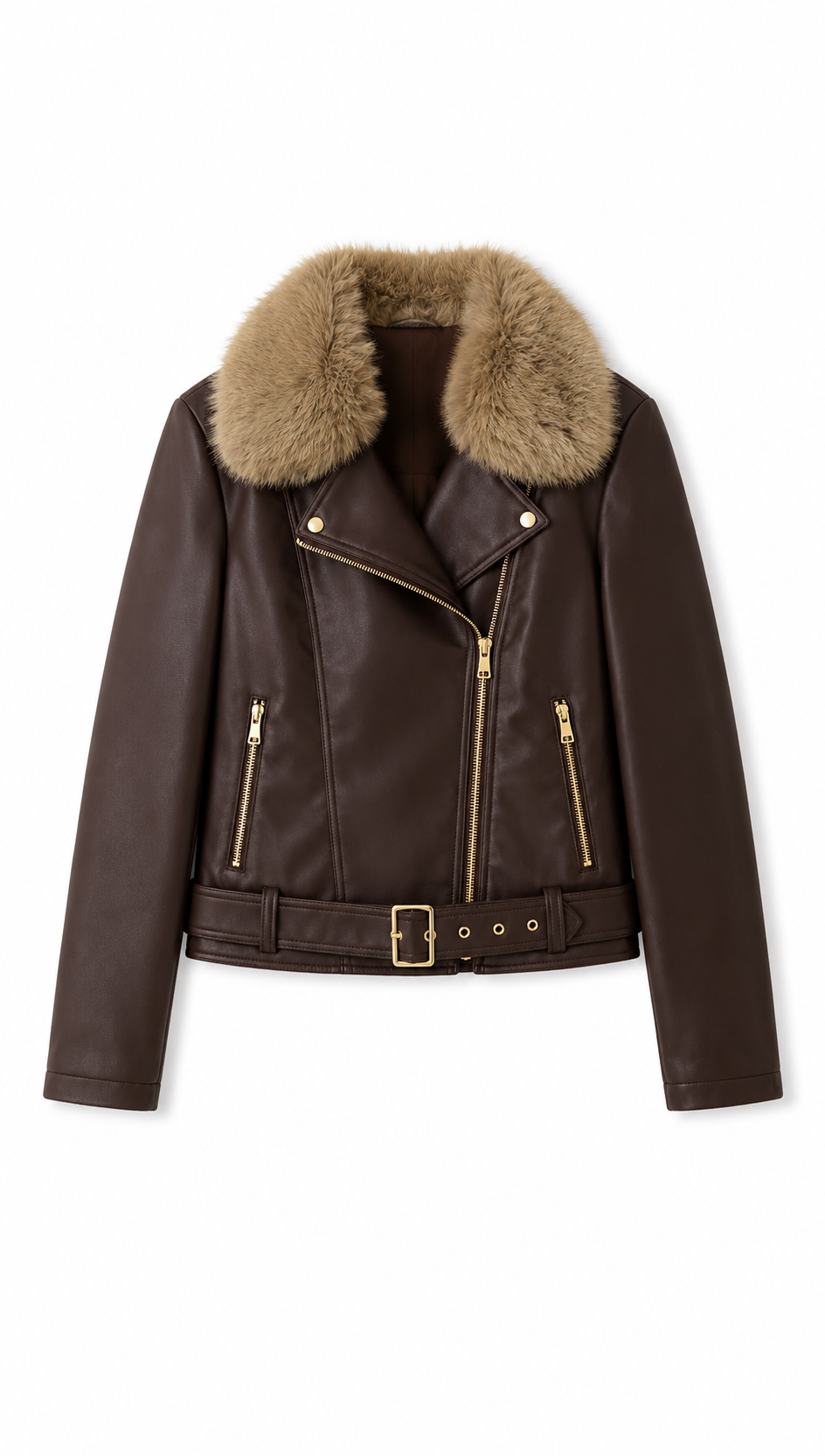 Brown Faux Leather Moto Jacket with Detachable Fur Collar WC-012