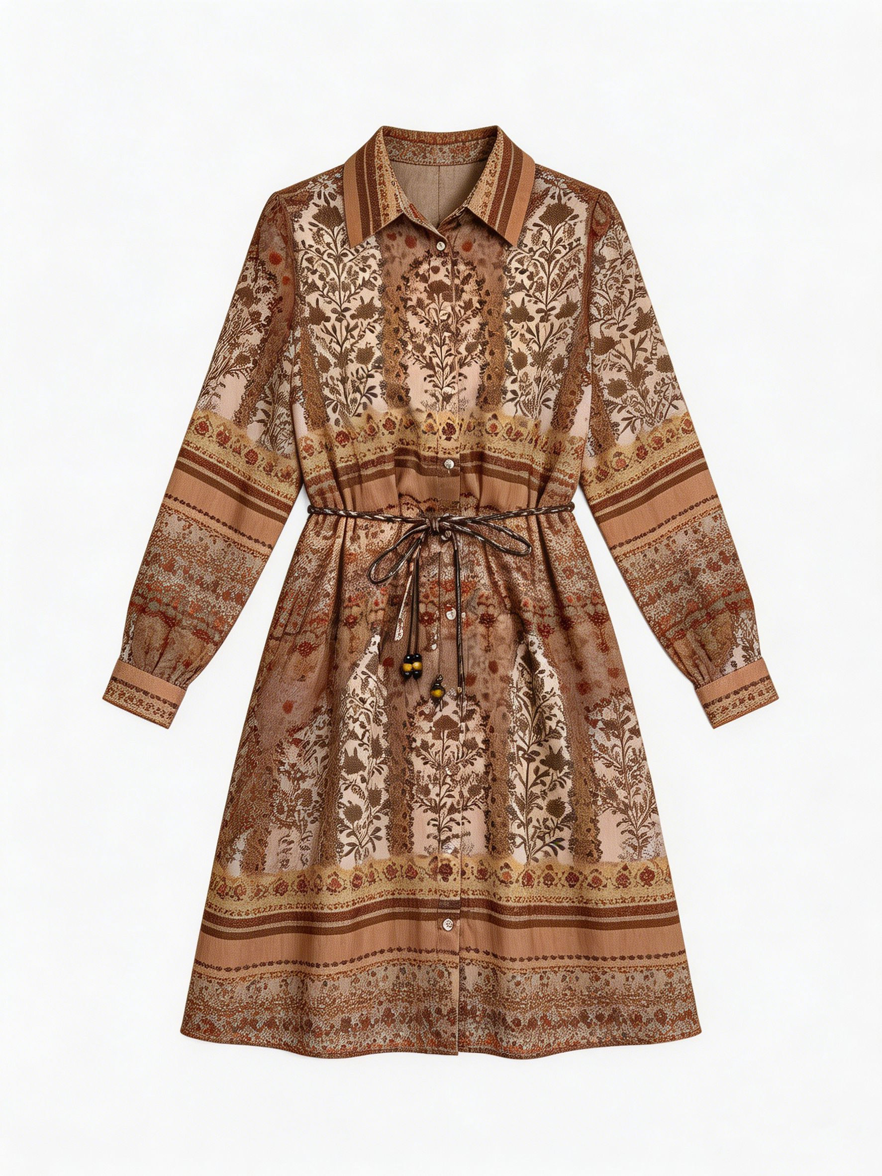 Beaded Belted Floral Print Shirt Dress - Boho Chic Dress A-43049