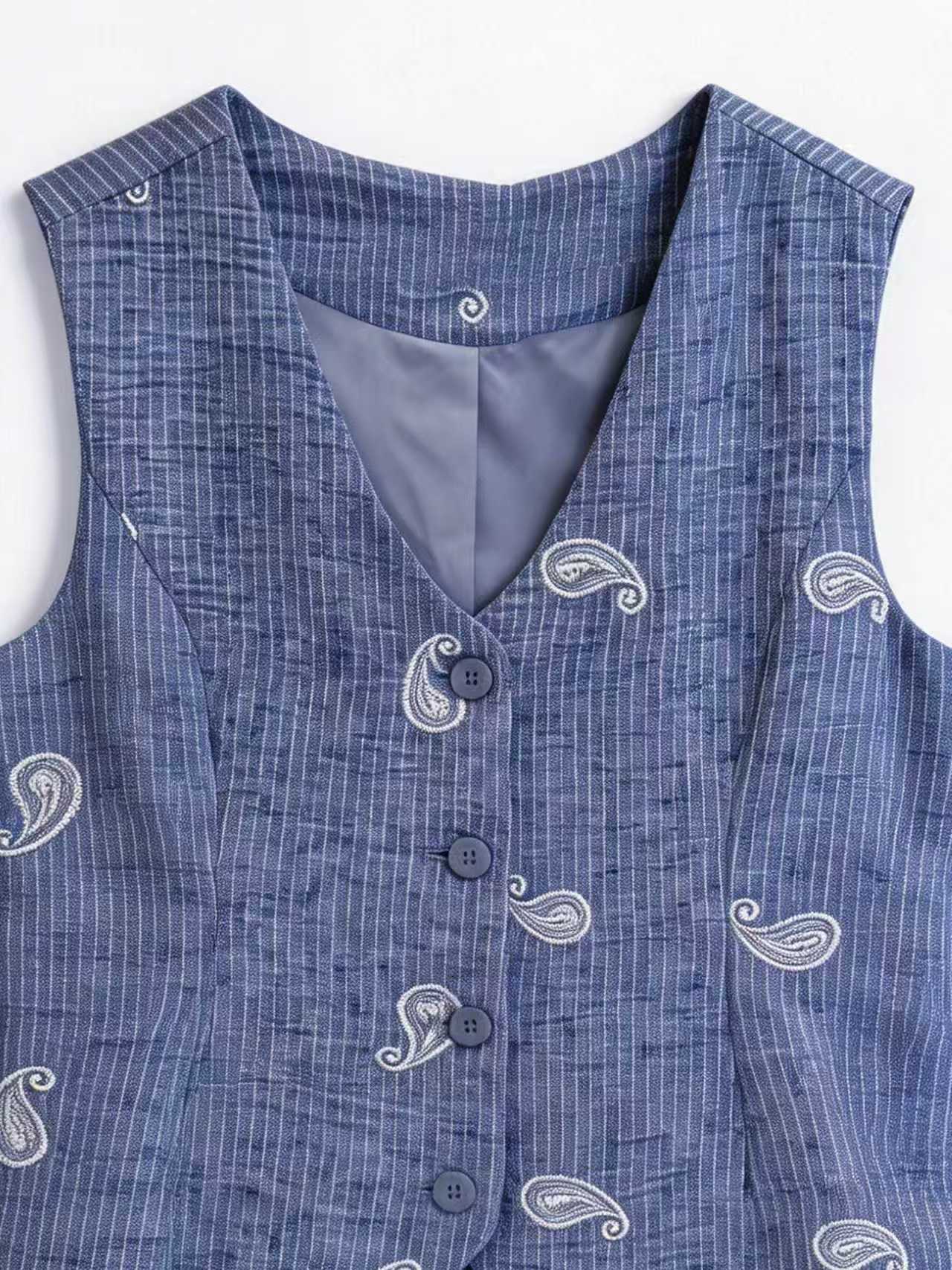 Paisley Embroidered Linen Tailored Vest AN-710028