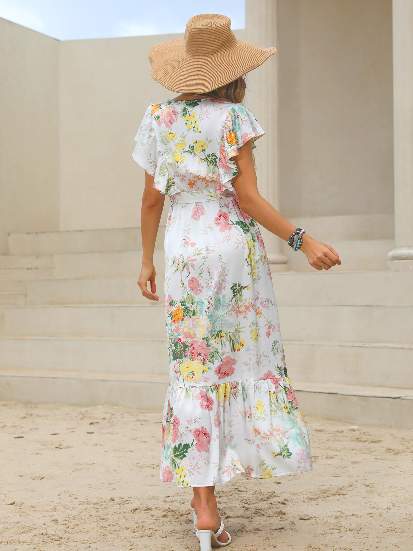 Women’s Lace Trim Floral Boho Midi Dress W-32705