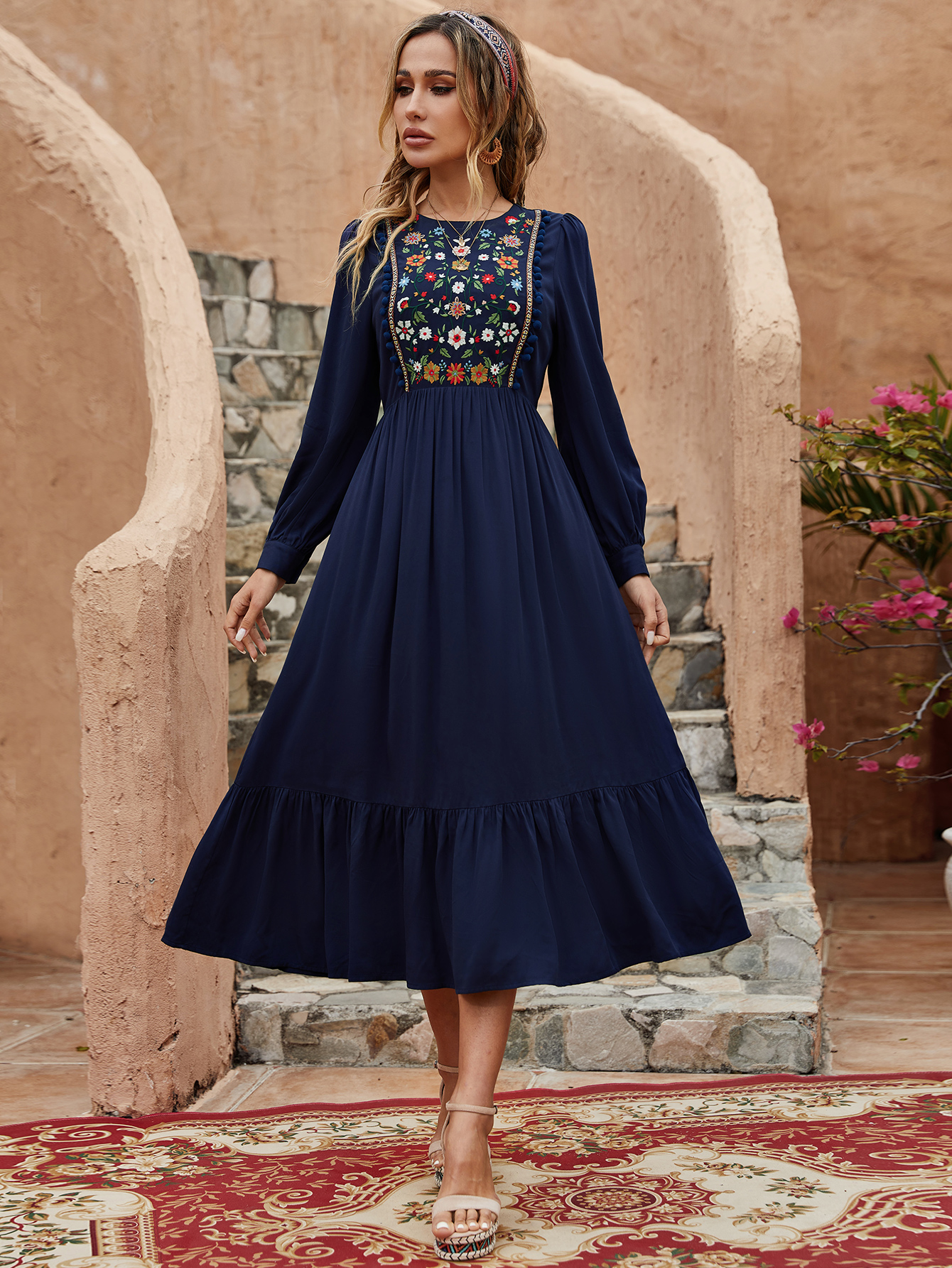 Bohemian Embroidered Midi Dress for Women – Long Sleeve Vintage Ethnic Dress D-34216