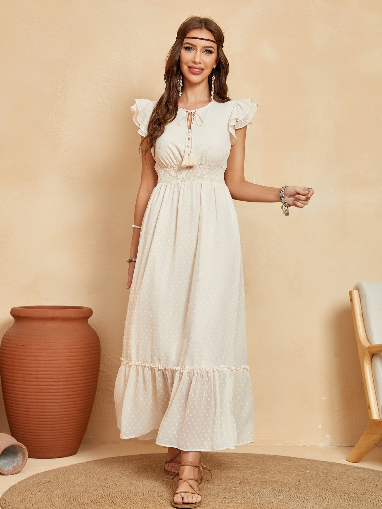Women’s Swiss Dot Ruffle Sleeve Smocked Midi Dress D-34793