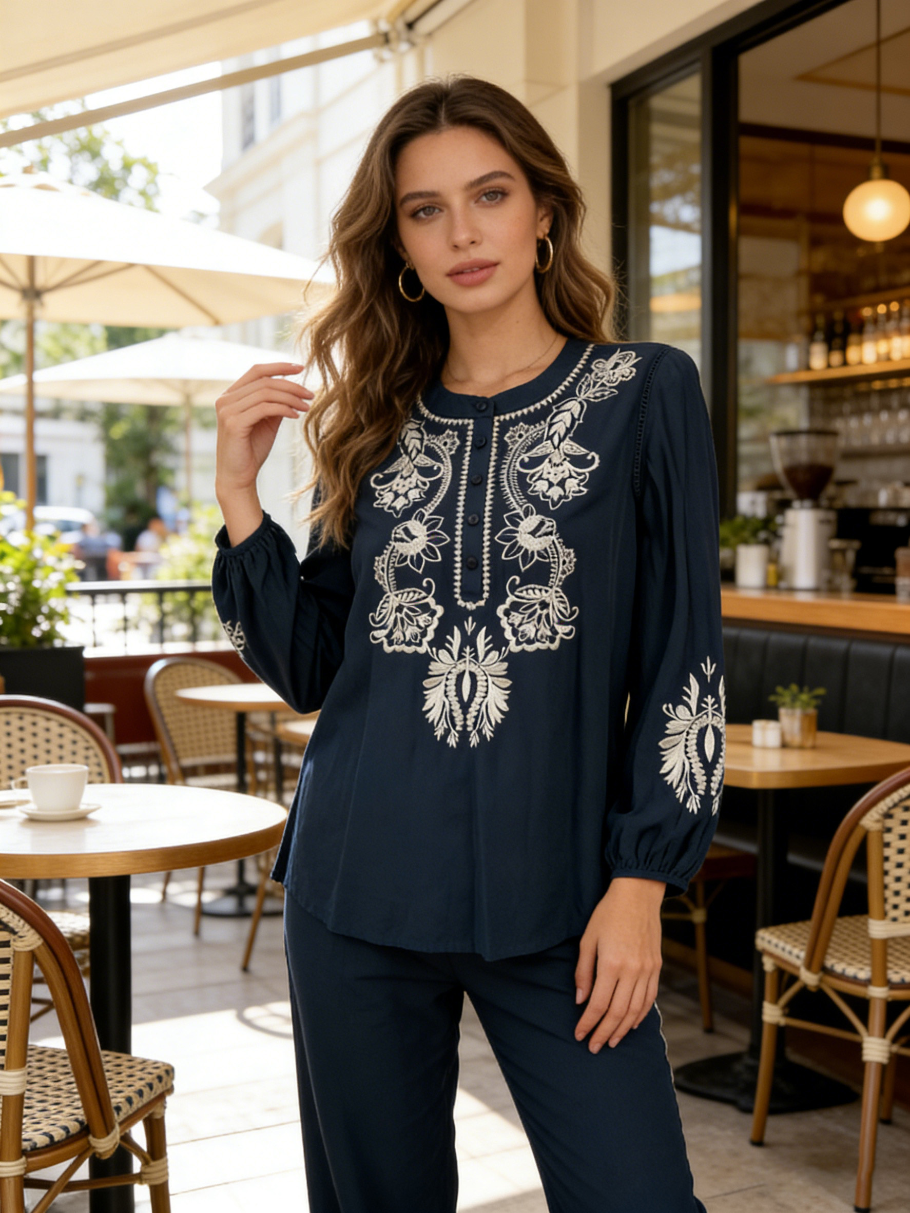 Women’s Boho Embroidered Long Sleeve Tunic Blouse W-18566