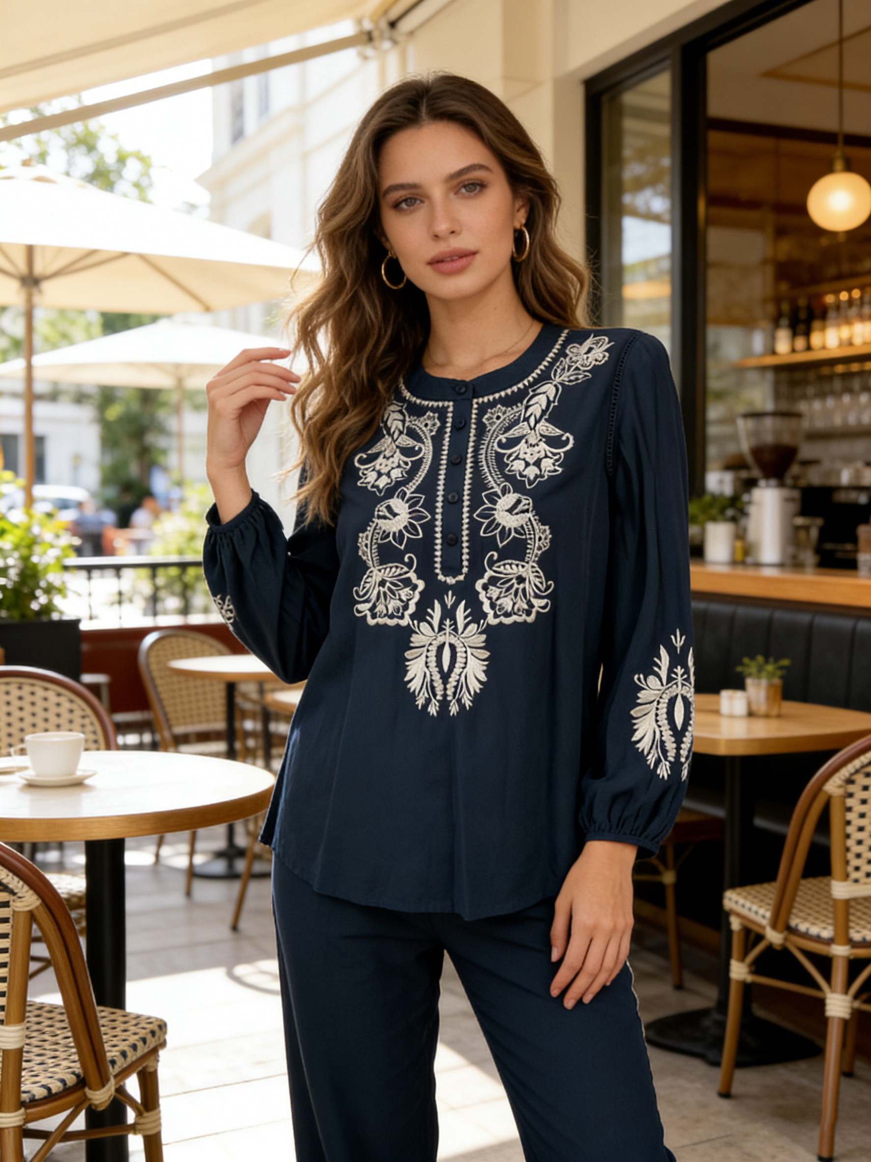 Women’s Boho Embroidered Long Sleeve Tunic Blouse W-18566