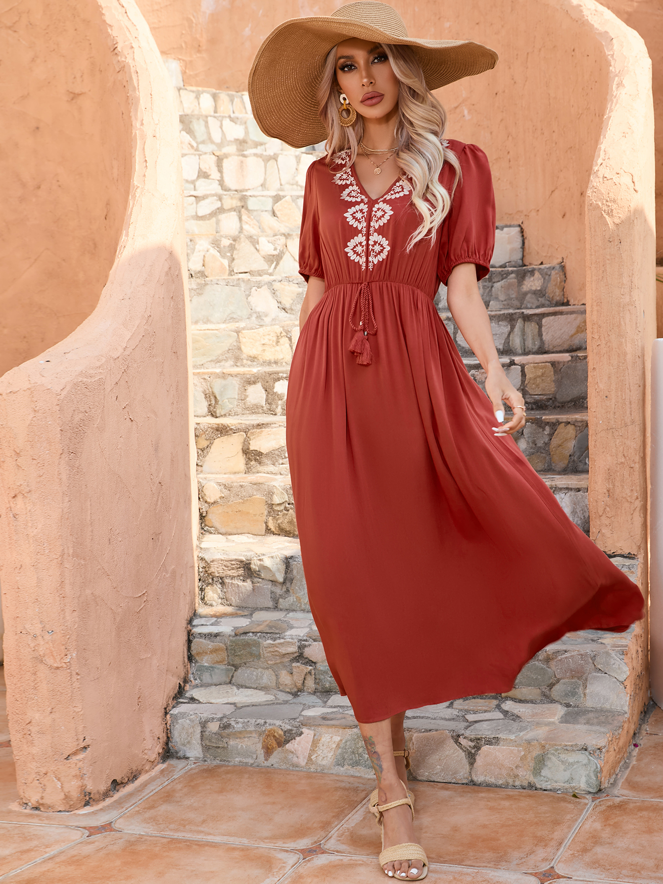 Women’s Boho Embroidered Midi Dress with Tassel Tie V Neck D-34333