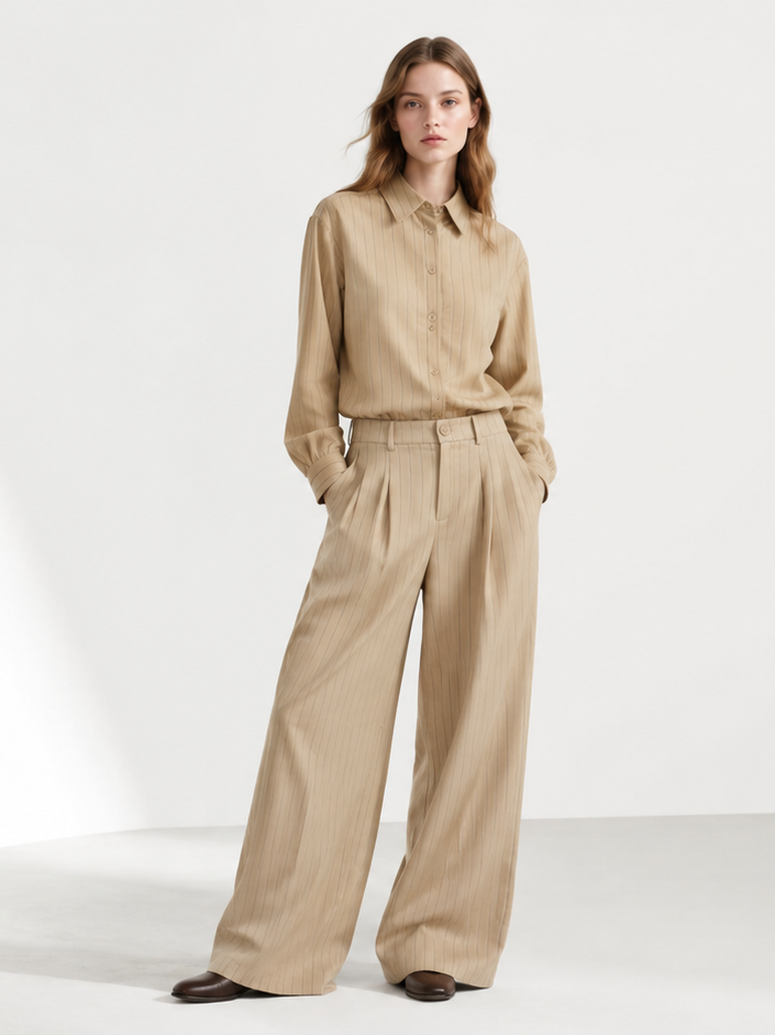 Trending Striped Linen-Blend Two-Piece Set for Women - Office Wear A-43189+A-43190