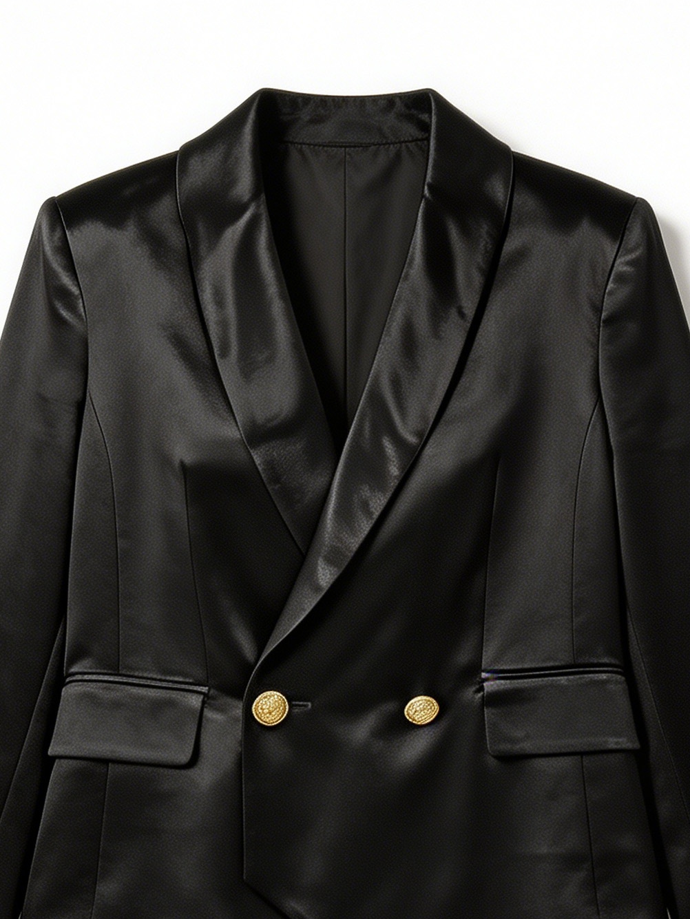 Satin Tuxedo Blazer – Gold Button Elegant Evening Suit Jacket 26326