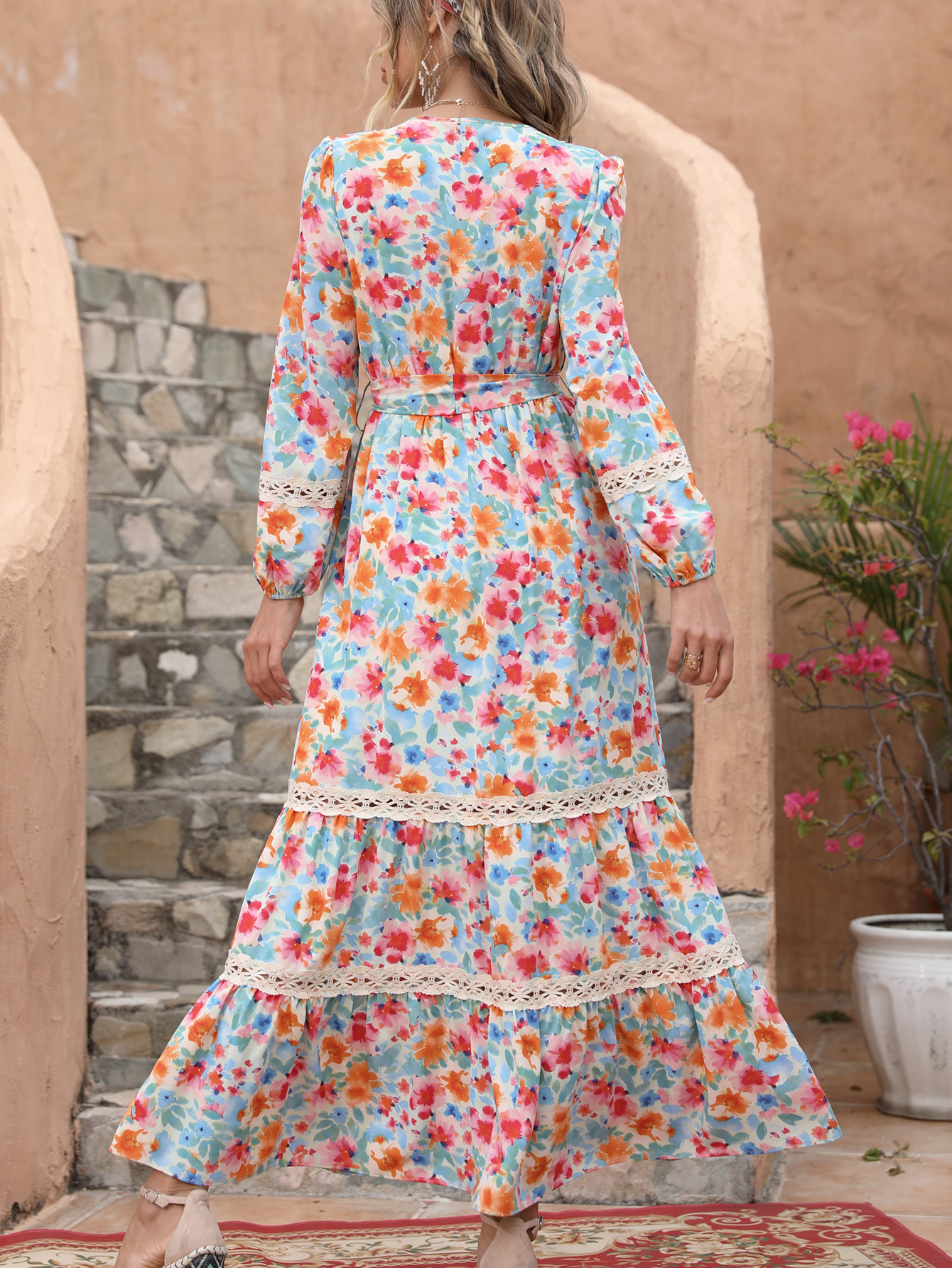 Boho Floral V-Neck Tie Waist Tiered Maxi Dress W-33441