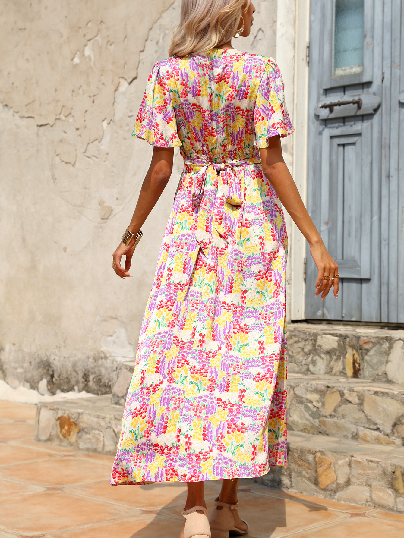 Women’s Boho Floral V-Neck Flowy Maxi Dress D-34642