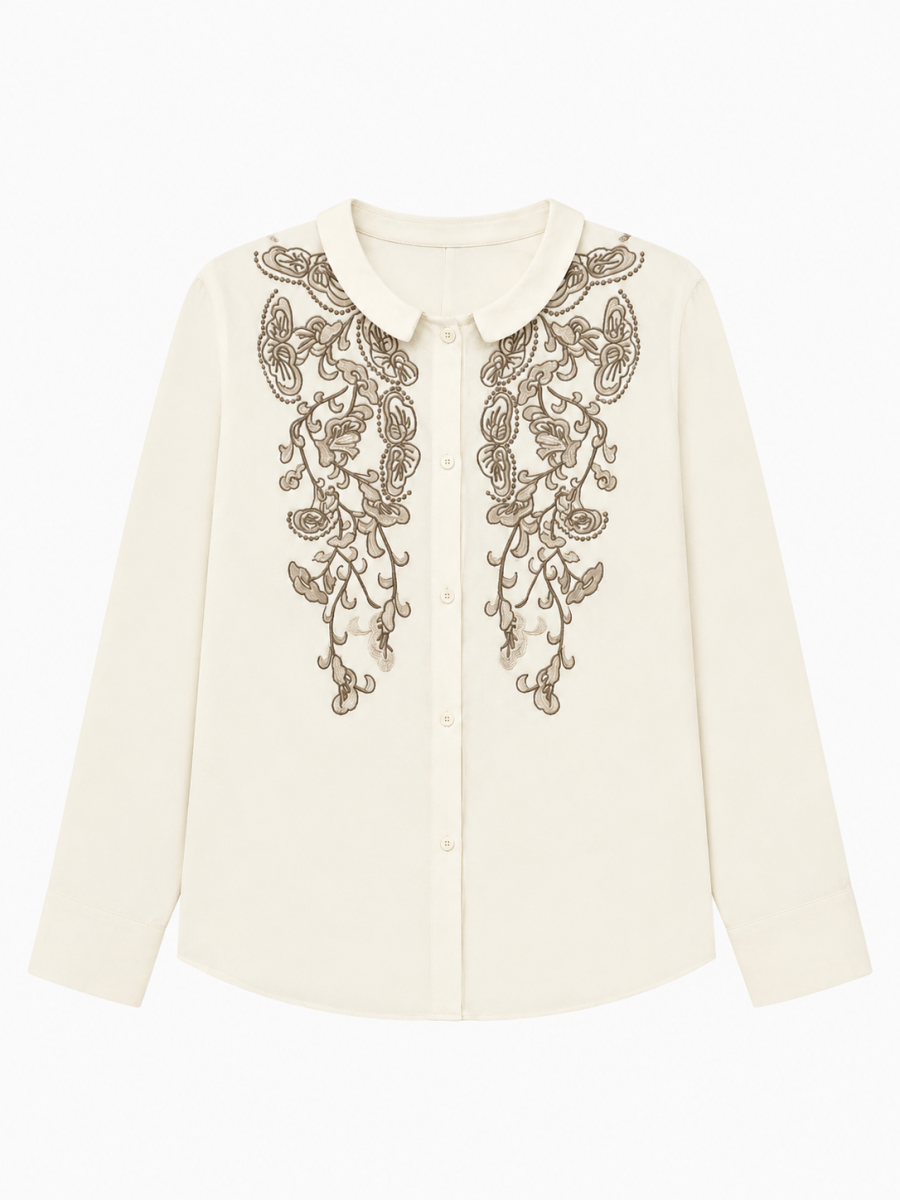 Women Cream Floral‑Embroidered Long‑Sleeve Shirt W-43114
