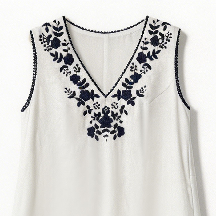 White Navy Floral Embroidered V-Neck Maxi Dress - Mexican Boho Style W-40590