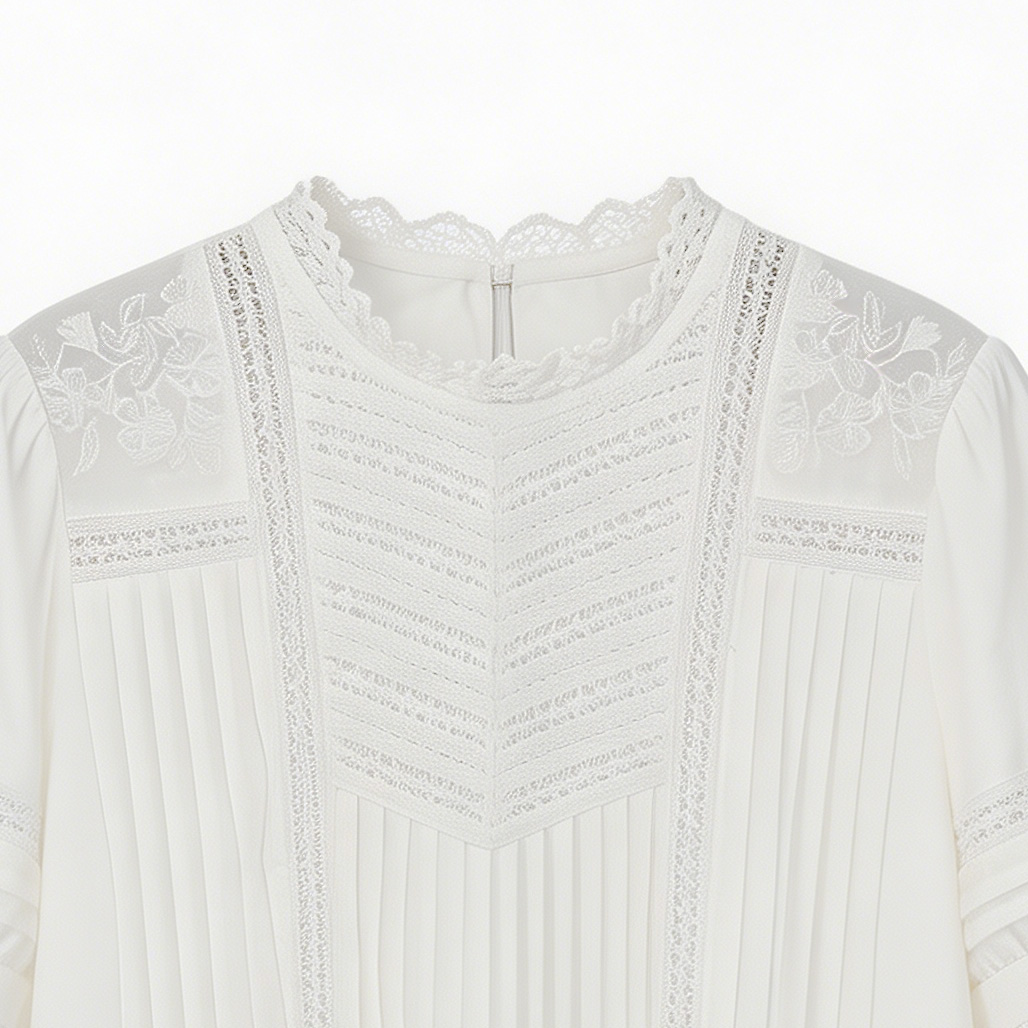 Minimalist White Pleated Lace Blouse - Premium Boho Fashion M-42885