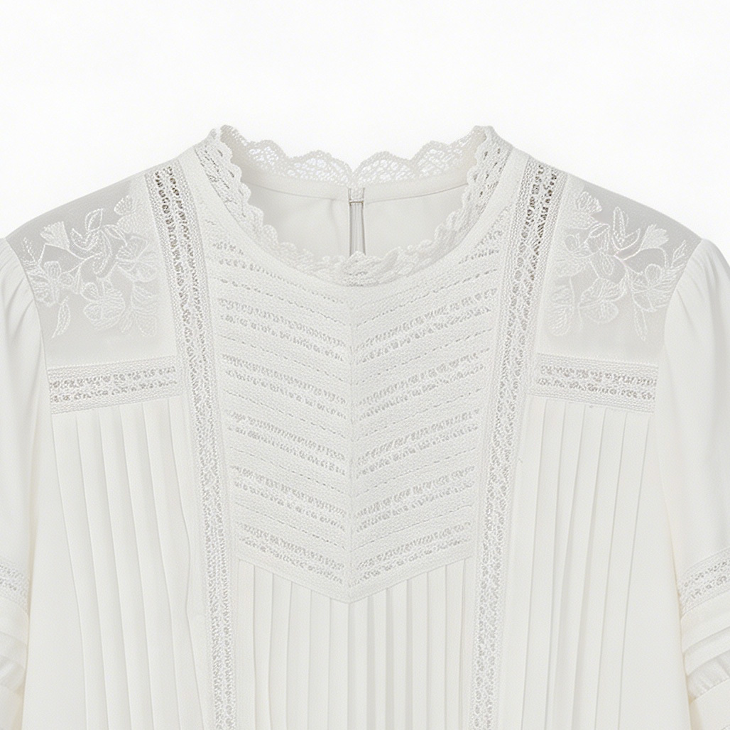 Minimalist White Pleated Lace Blouse - Premium Boho Fashion M-42885