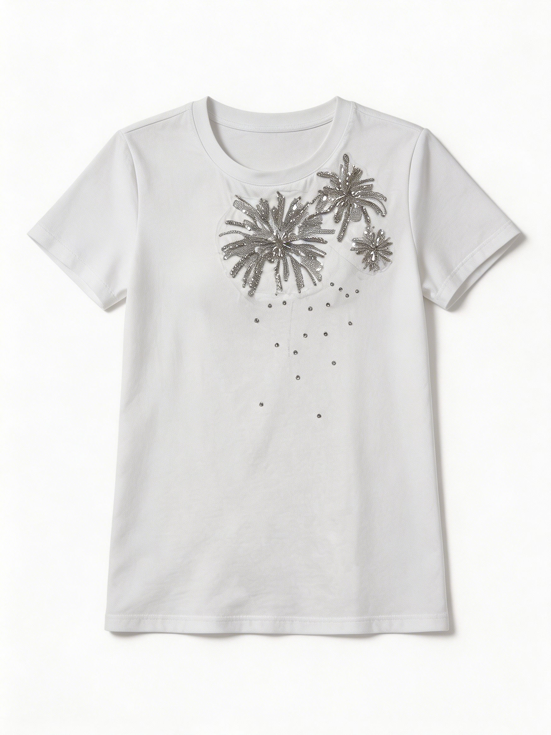Ladies' Silver Sequined Beadwork Crew Neck T-Shirt Elegant Casual Embellished Top M-42428-4