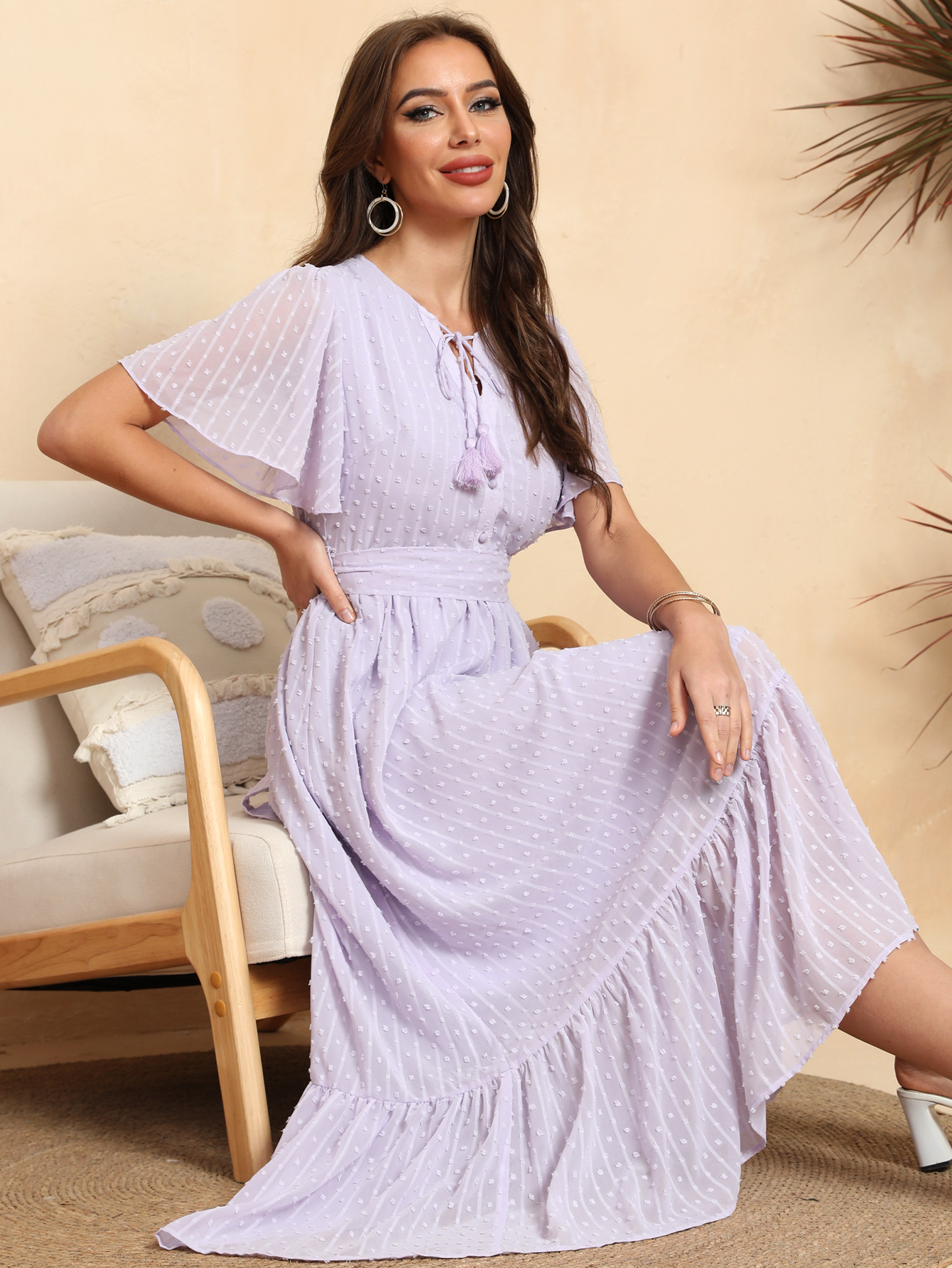 Women’s Boho Tie Waist Ruffle Hem Midi Dress D-35117
