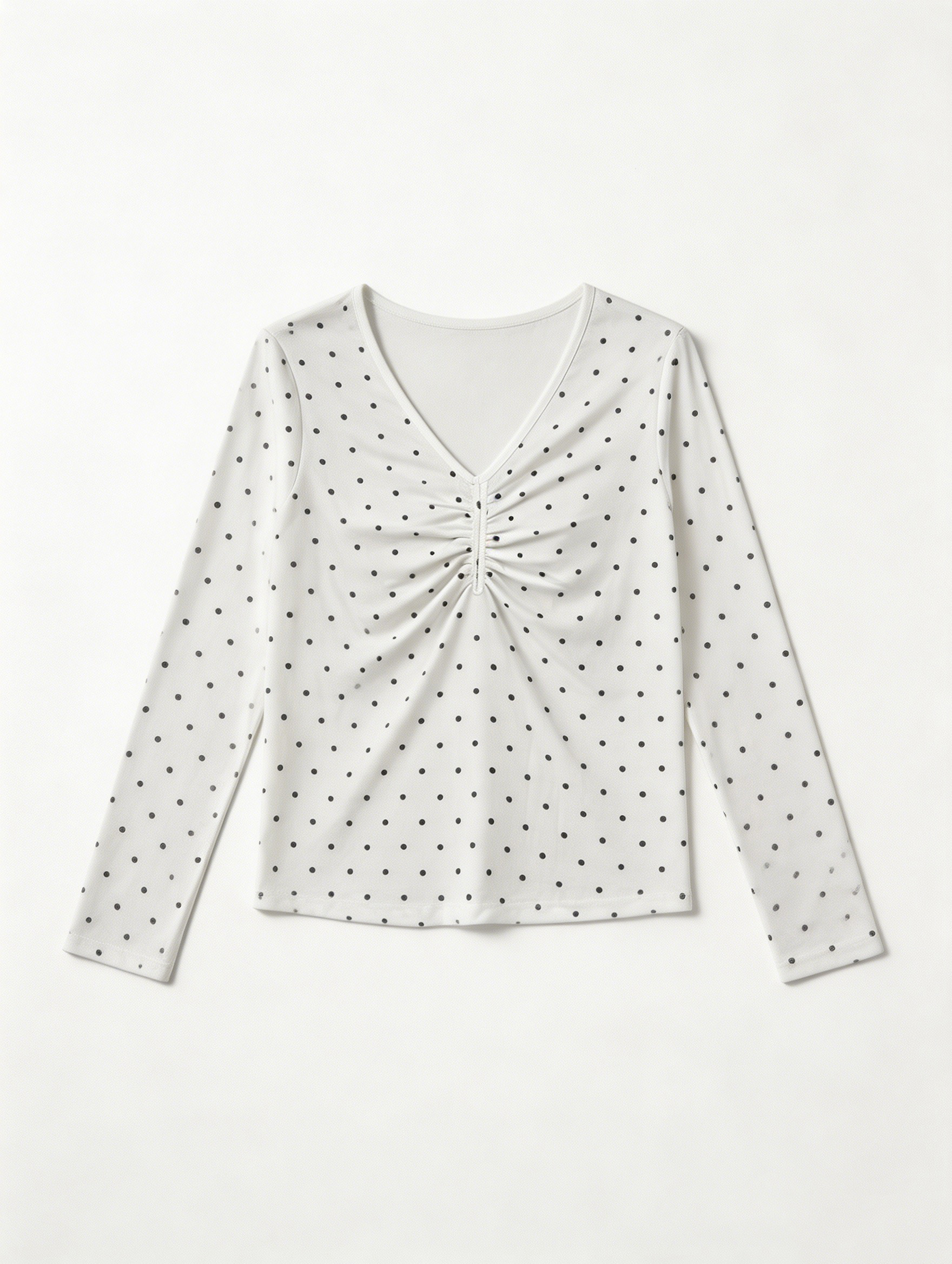 French Style Polka Dot Ruched Tee - V-Neck Slim Fit Top  AN-710008