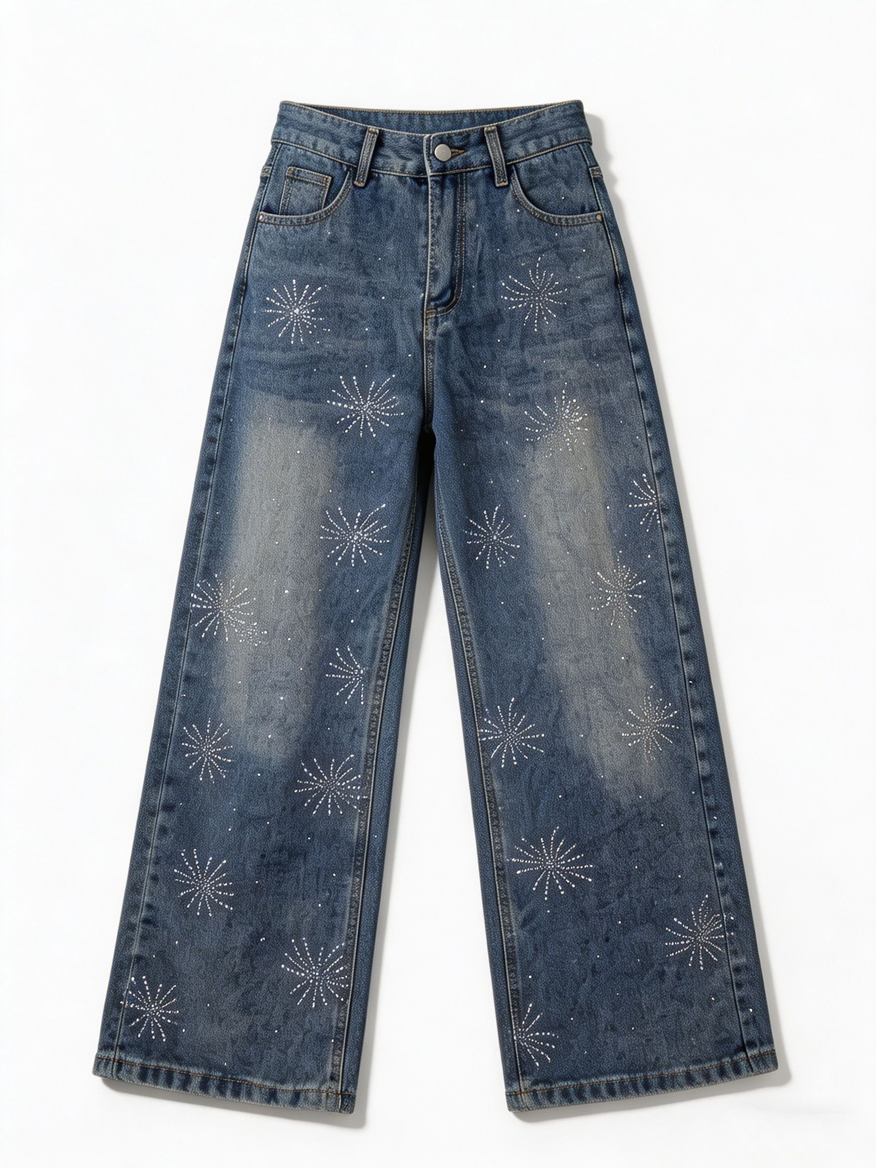 High Waist Rhinestone Star Pattern Wide Leg Jeans Fashion Blue Denim Trousers ZY5103