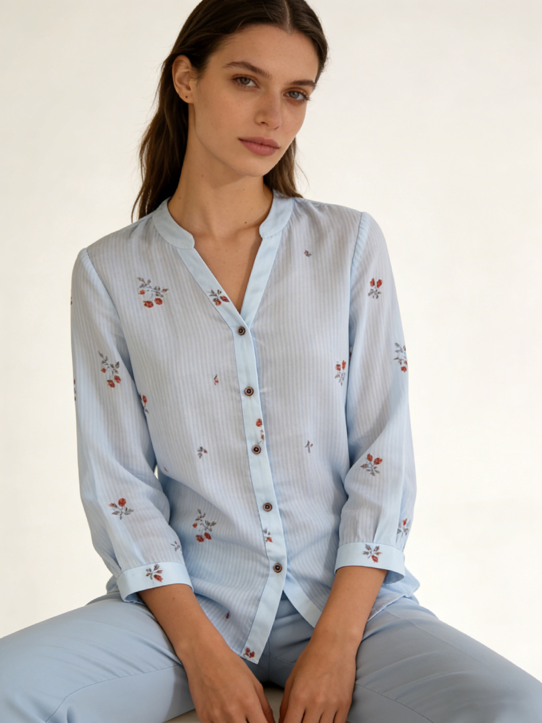 Women's V-Neck Button Down Blouse - Textured Vertical Stripe & Floral Print Shirt A-42524