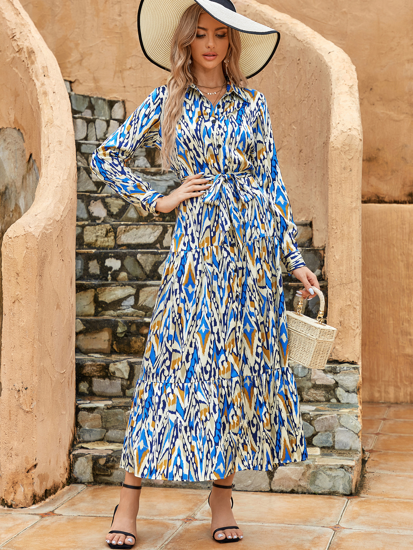Women’s Geometric Print Long Sleeve Shirt Dress D-36052