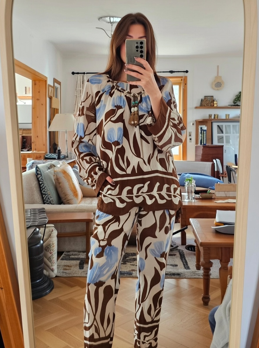 Women’s Boho Botanical Print Tassel Tie Blouse – Casual Resort Vacation Top C-42382