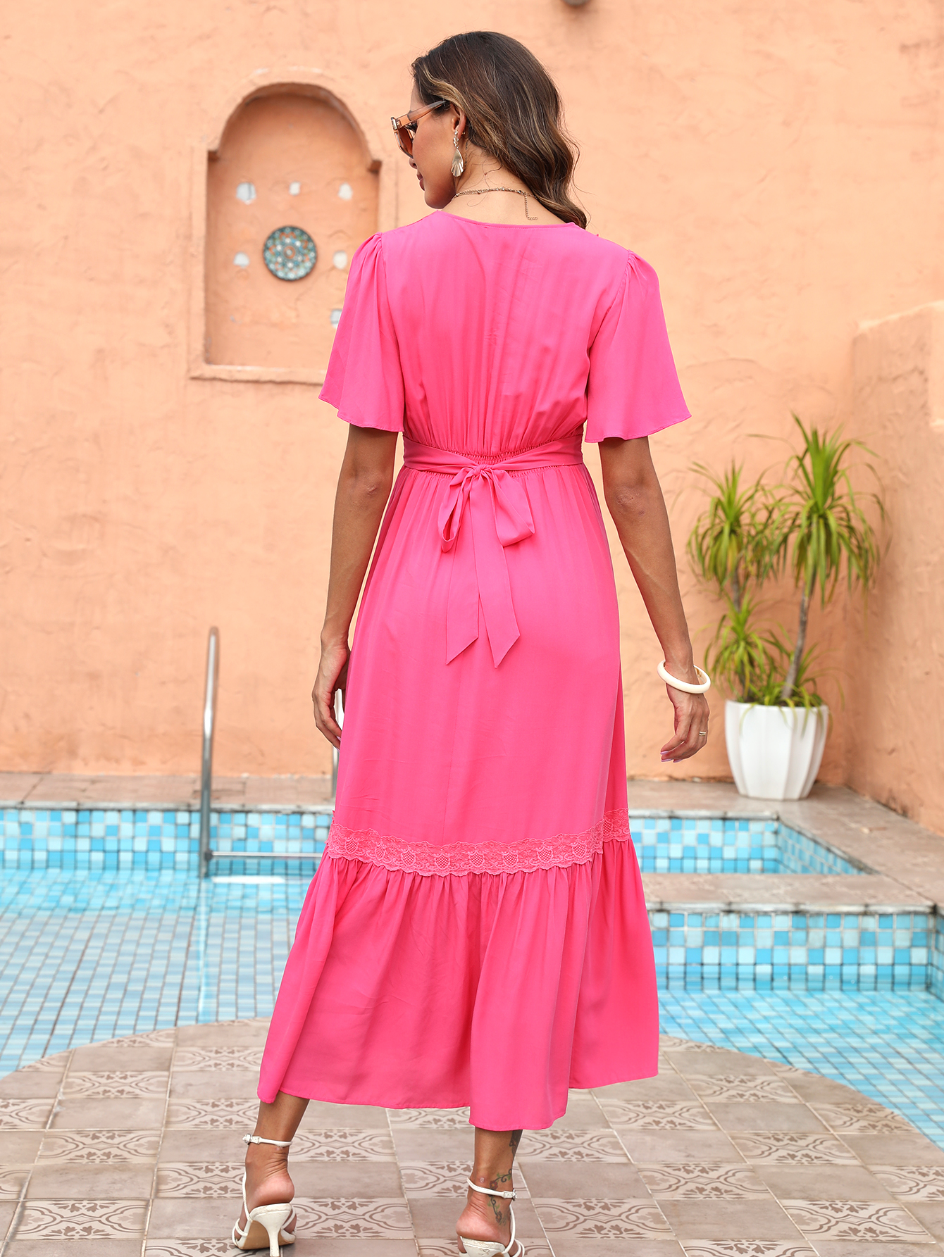Women’s Hot Pink Lace Trim Flutter Sleeve Midi Dress D-35778