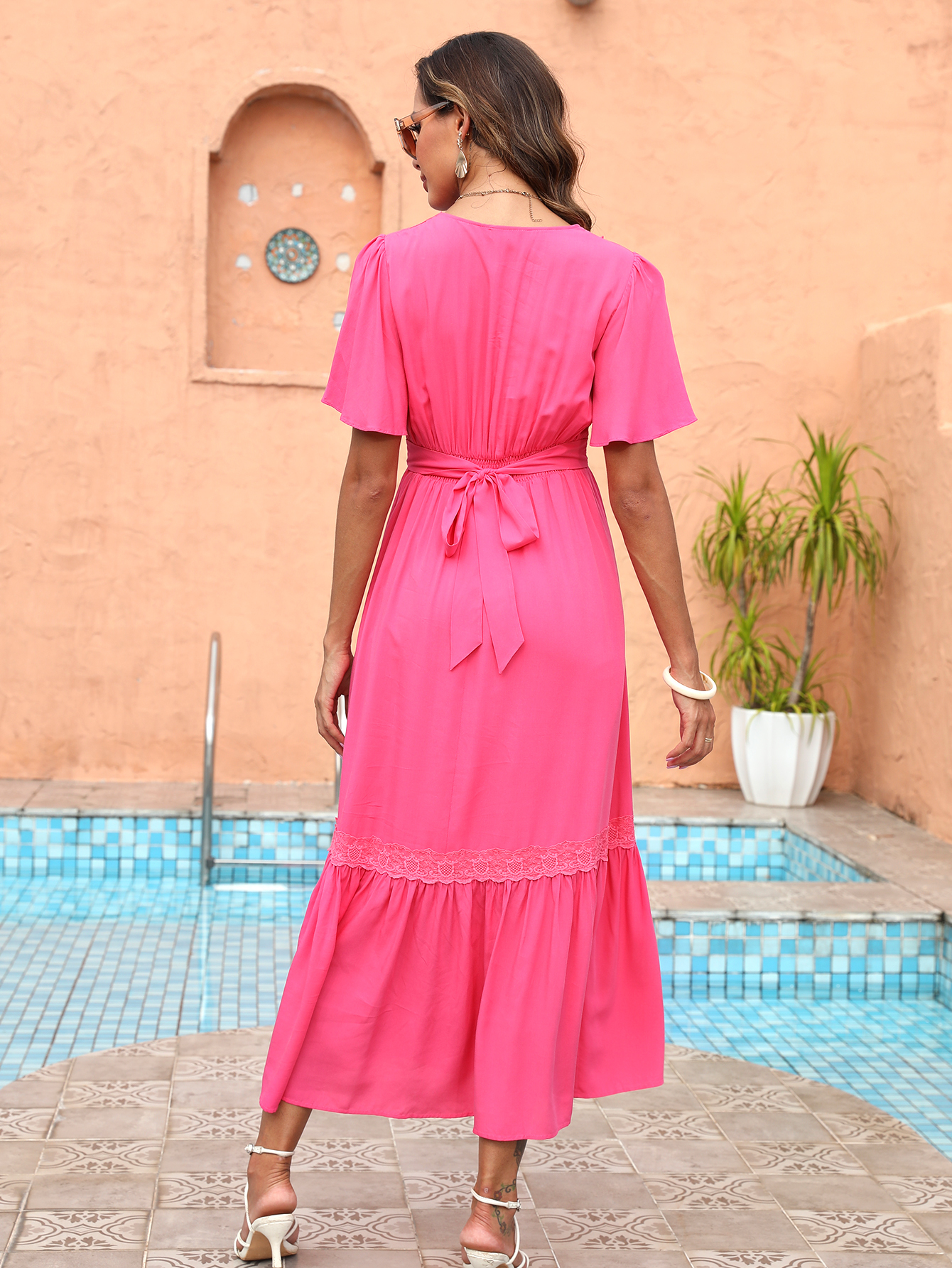 Women’s Hot Pink Lace Trim Flutter Sleeve Midi Dress D-35778