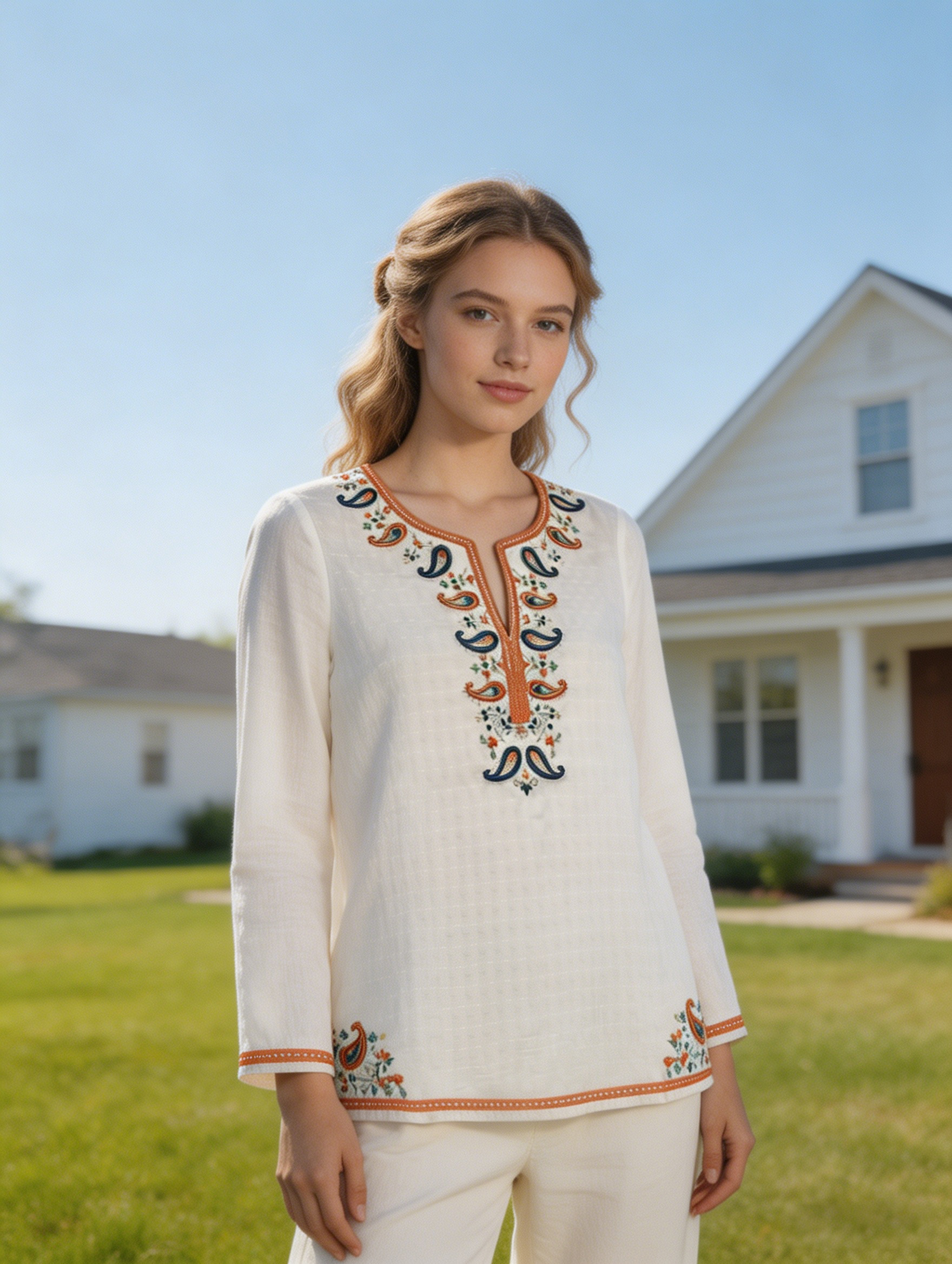 White Paisley Embroidered V-Neck Blouse - Boho Ethnic Top AN-650009