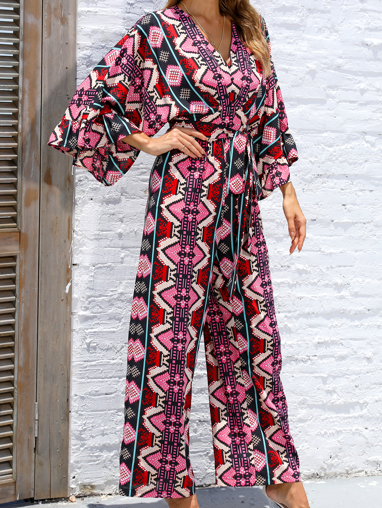 Boho Geometric Print V-Neck Top & Wide Leg Pants Set W-33191
