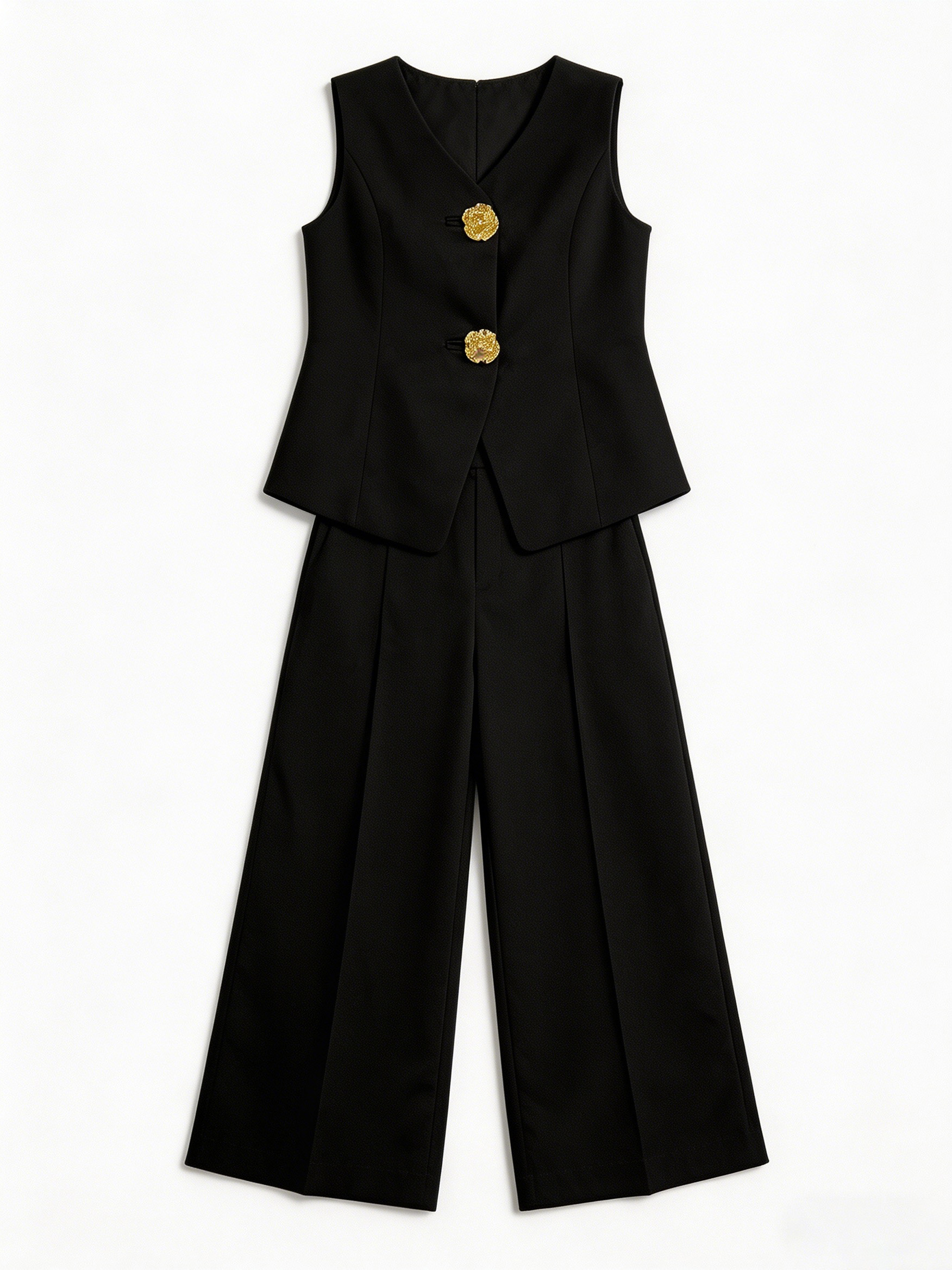 Minimalist Black Boxy Vest & Maxi Skirt Set with Statement Gold Buttons YB-002