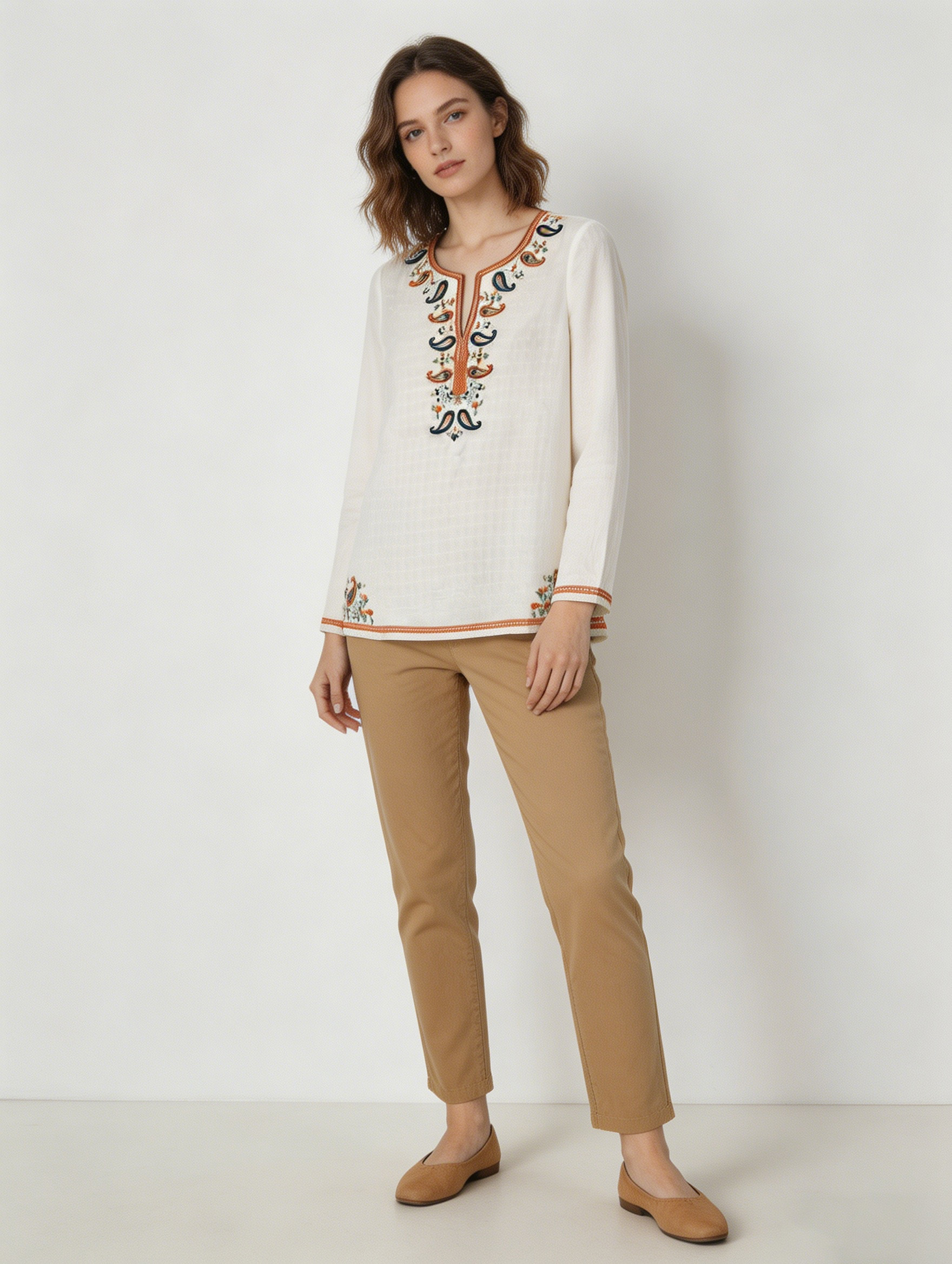 White Paisley Embroidered V-Neck Blouse - Boho Ethnic Top AN-650009
