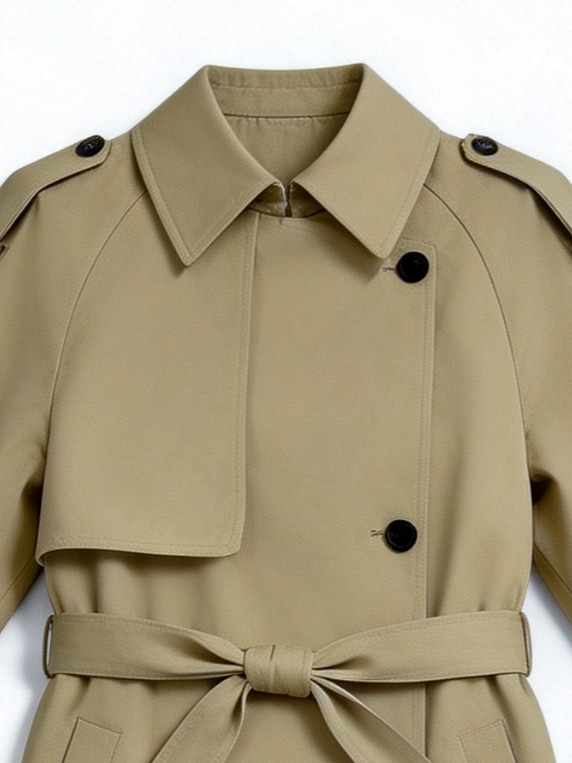 Minimalist Khaki Lapel Collar Trench Coat - Formal Everyday Wear  C-42181