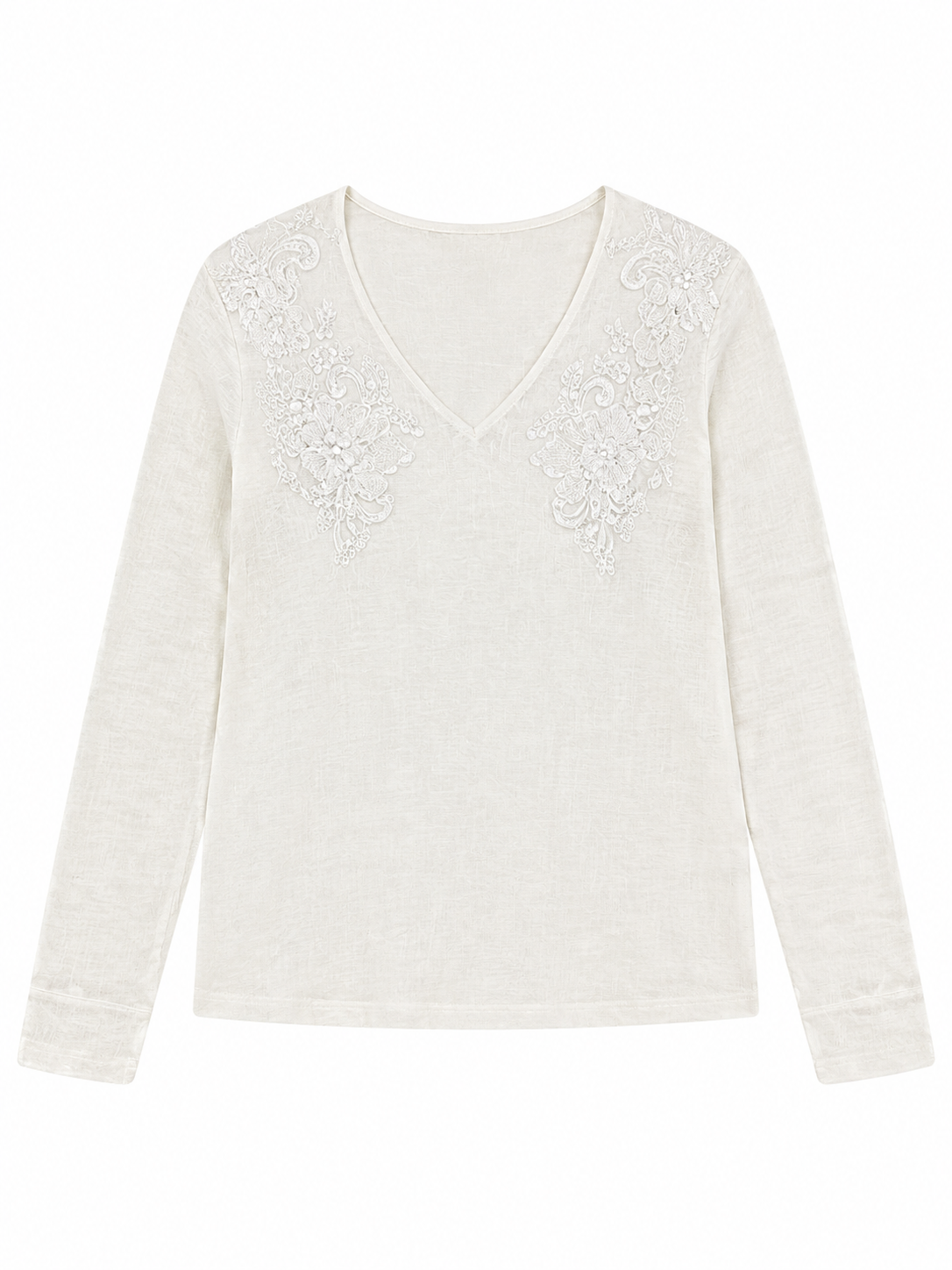 Women Off‑White Linen‑Texture V‑Neck Long Sleeve Top W-39556