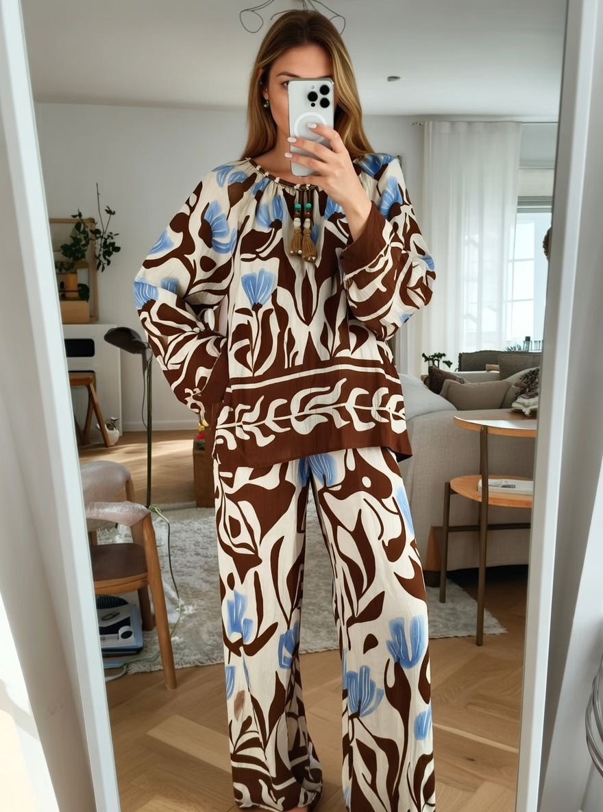 Women’s Boho Botanical Print Tassel Tie Blouse – Casual Resort Vacation Top C-42382