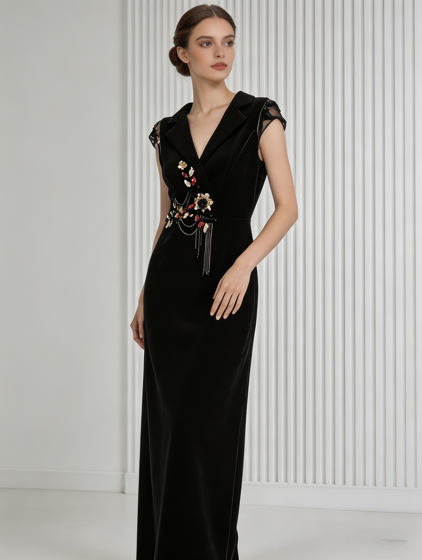 Black Velvet Embellished V-Neck Midi Dress YL221002
