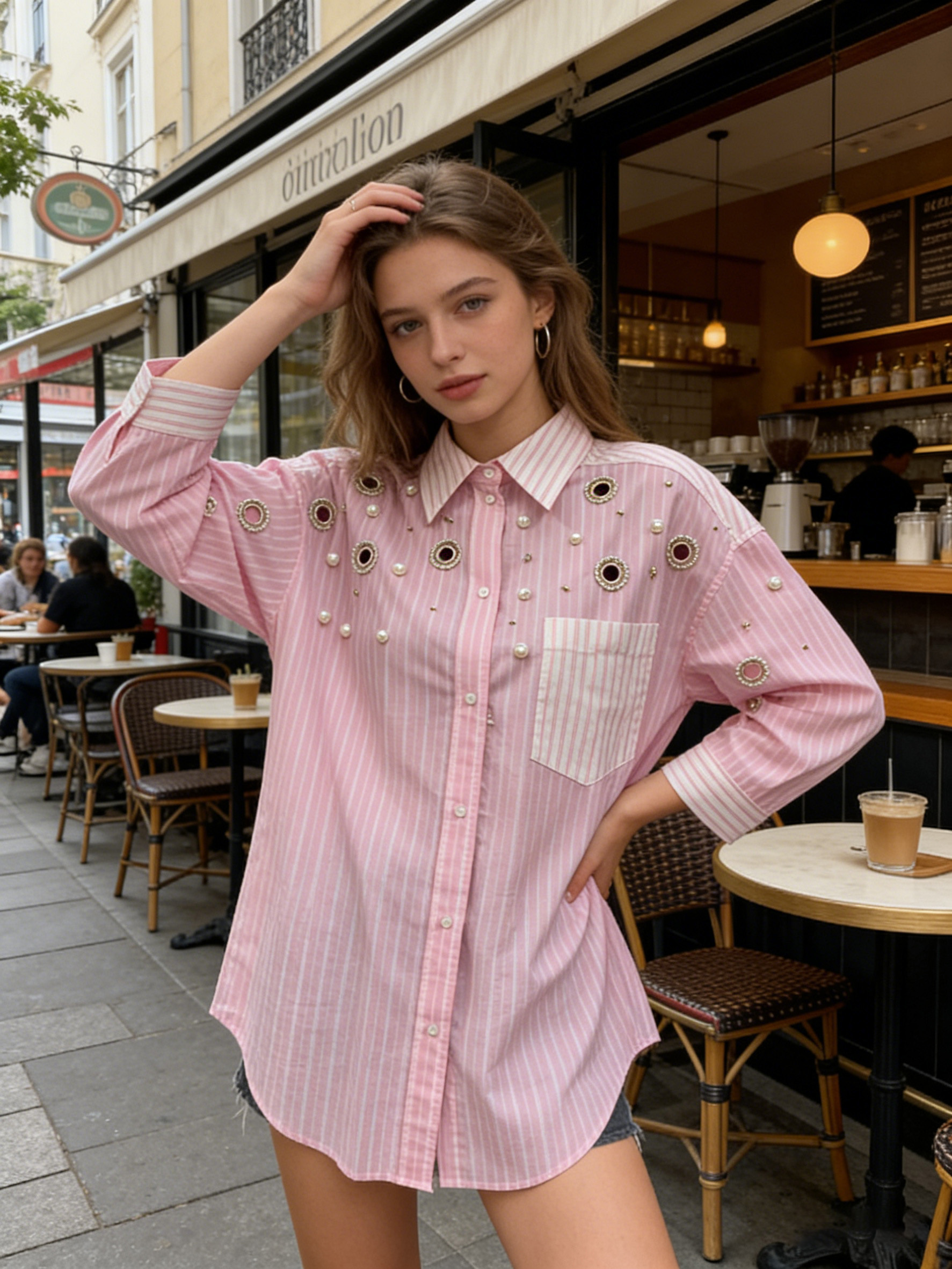 Women’s Embellished Striped Button Down Casual Shirt C-41066