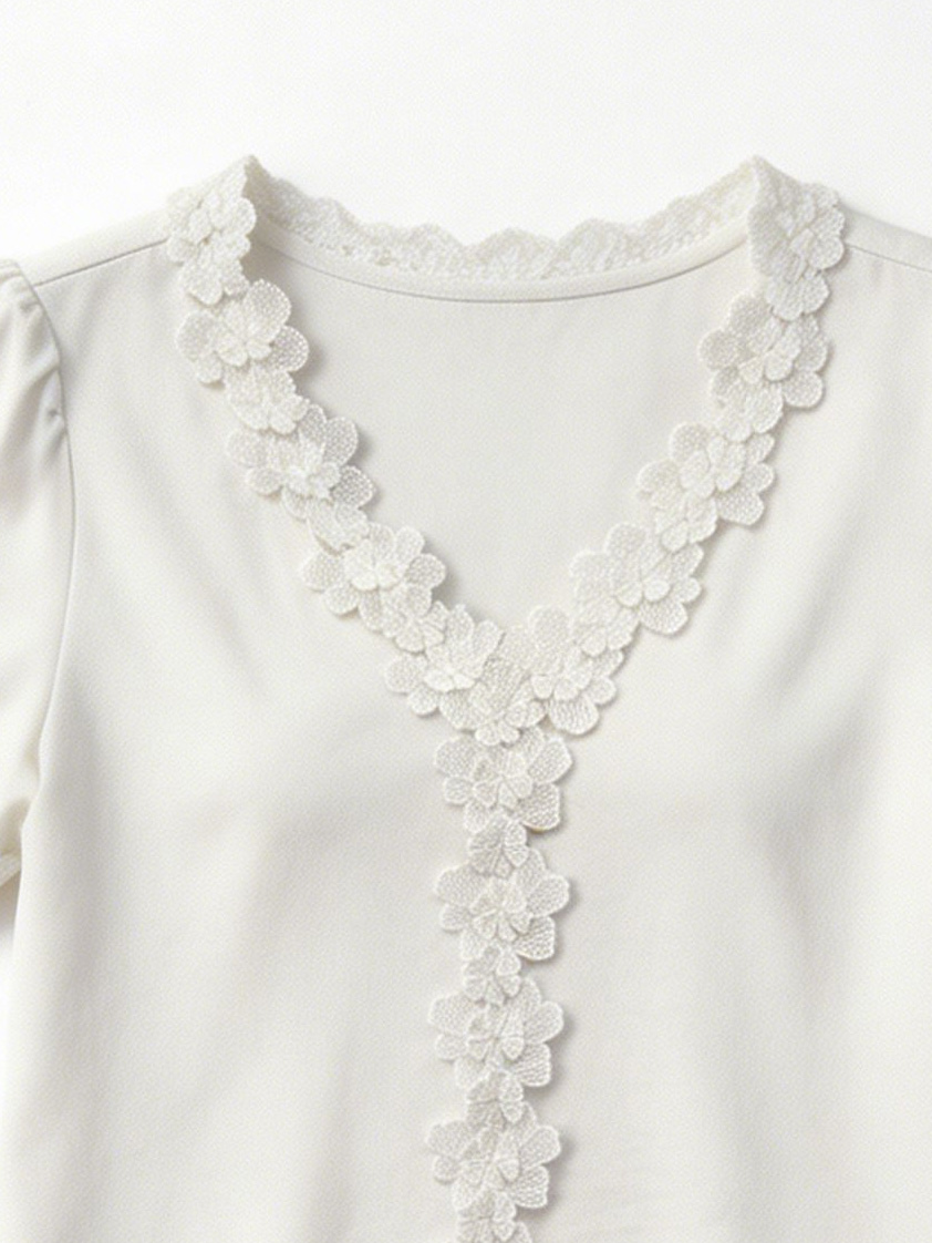 Women’s Floral Lace Applique Puff Sleeve V-Neck Top M-43670