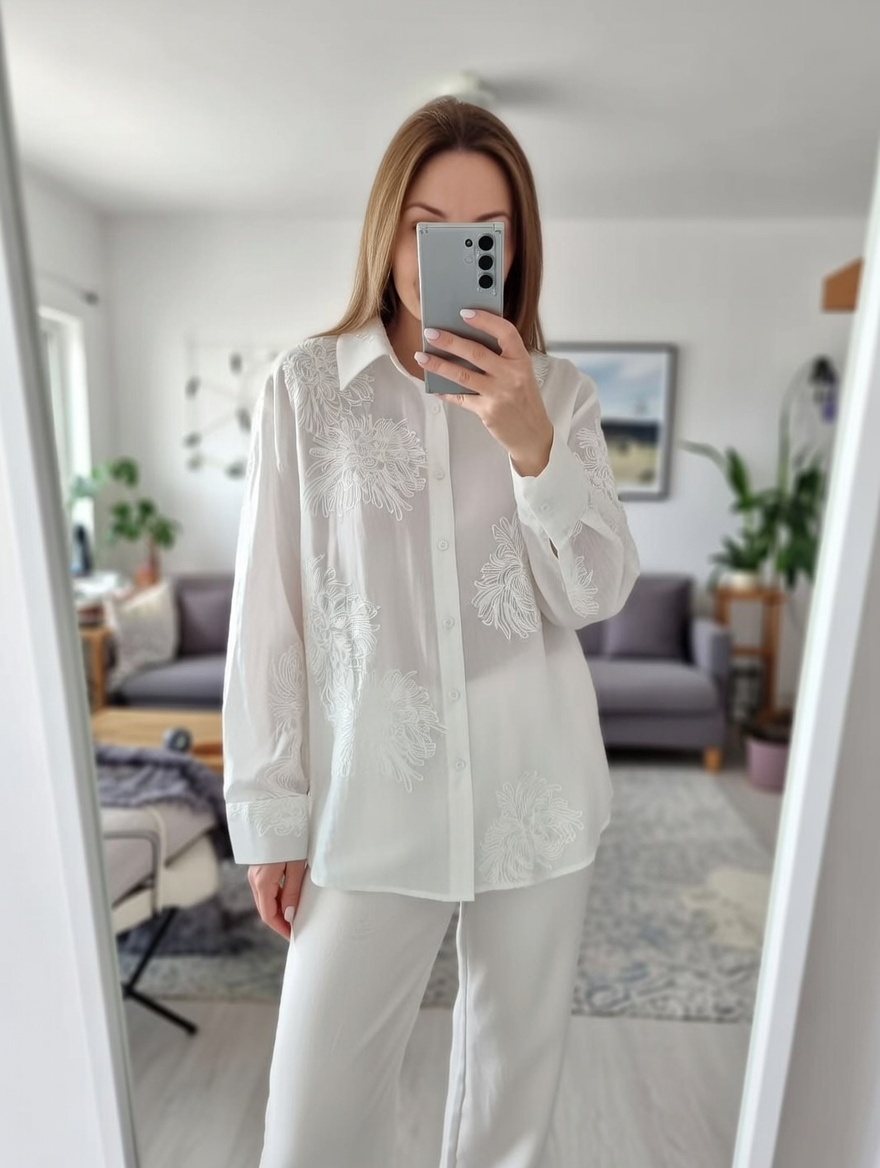 Women’s Lightweight Embroidered Button-Down Shirt – Boho Resort Style Blouse C-42332