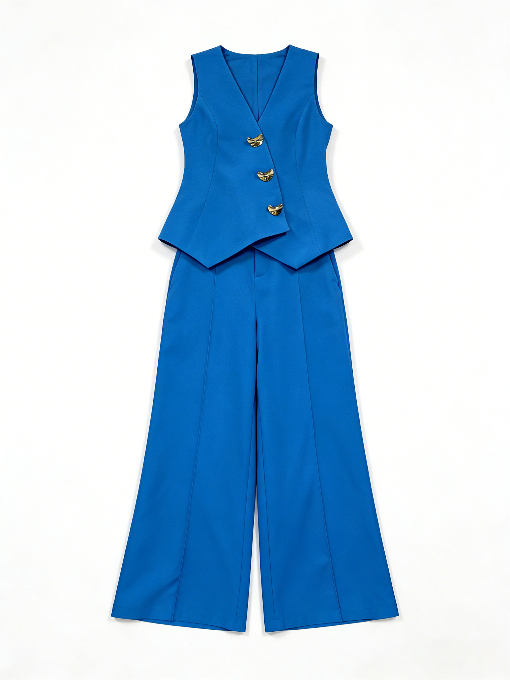 Vibrant Blue Tailored Vest and Wide-Leg Pants Matching Set C-41265+C-41266
