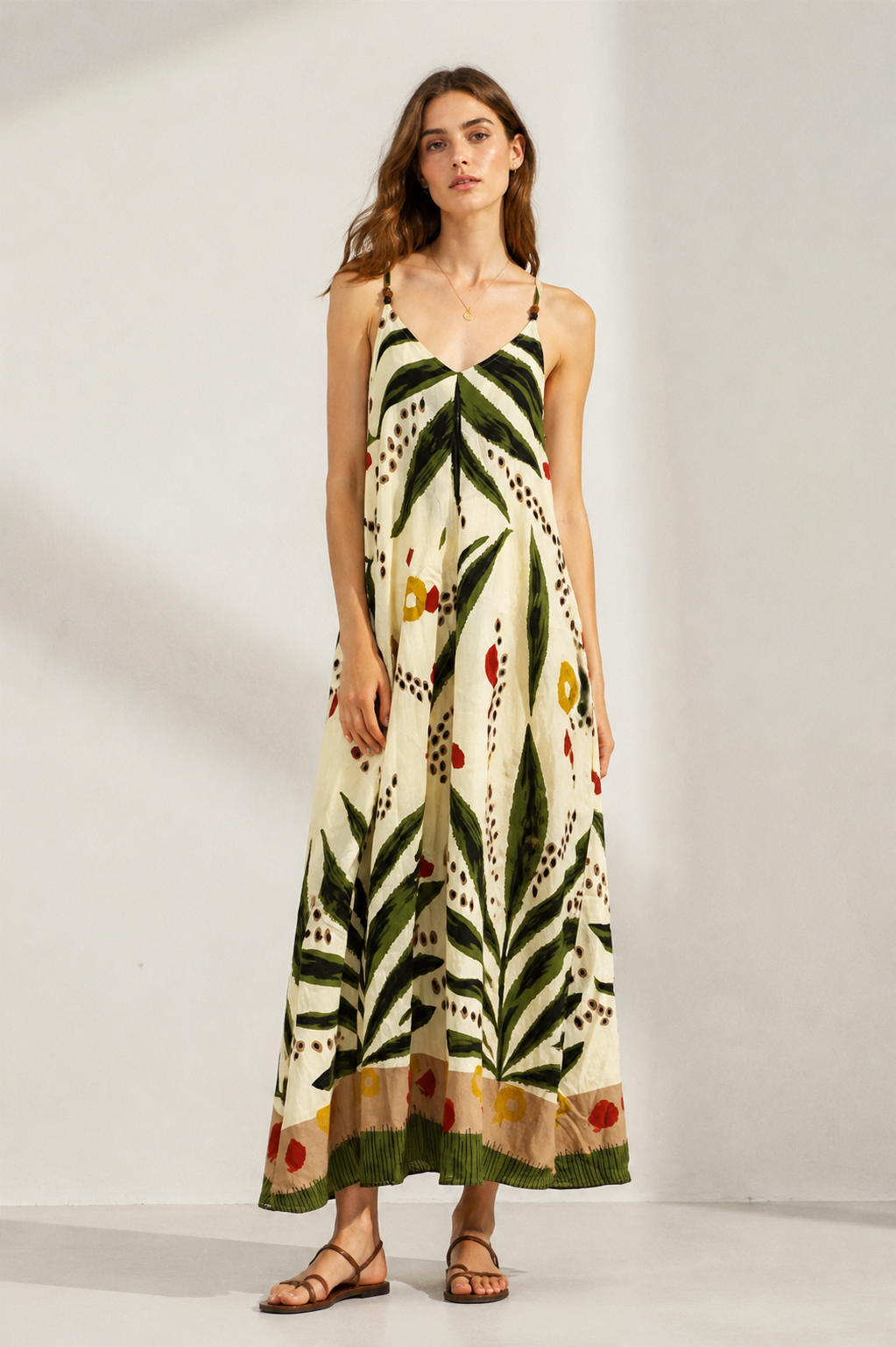 Women’s Tropical Leaf Print Halter Maxi Dress with Pom Pom Trim 2882-2